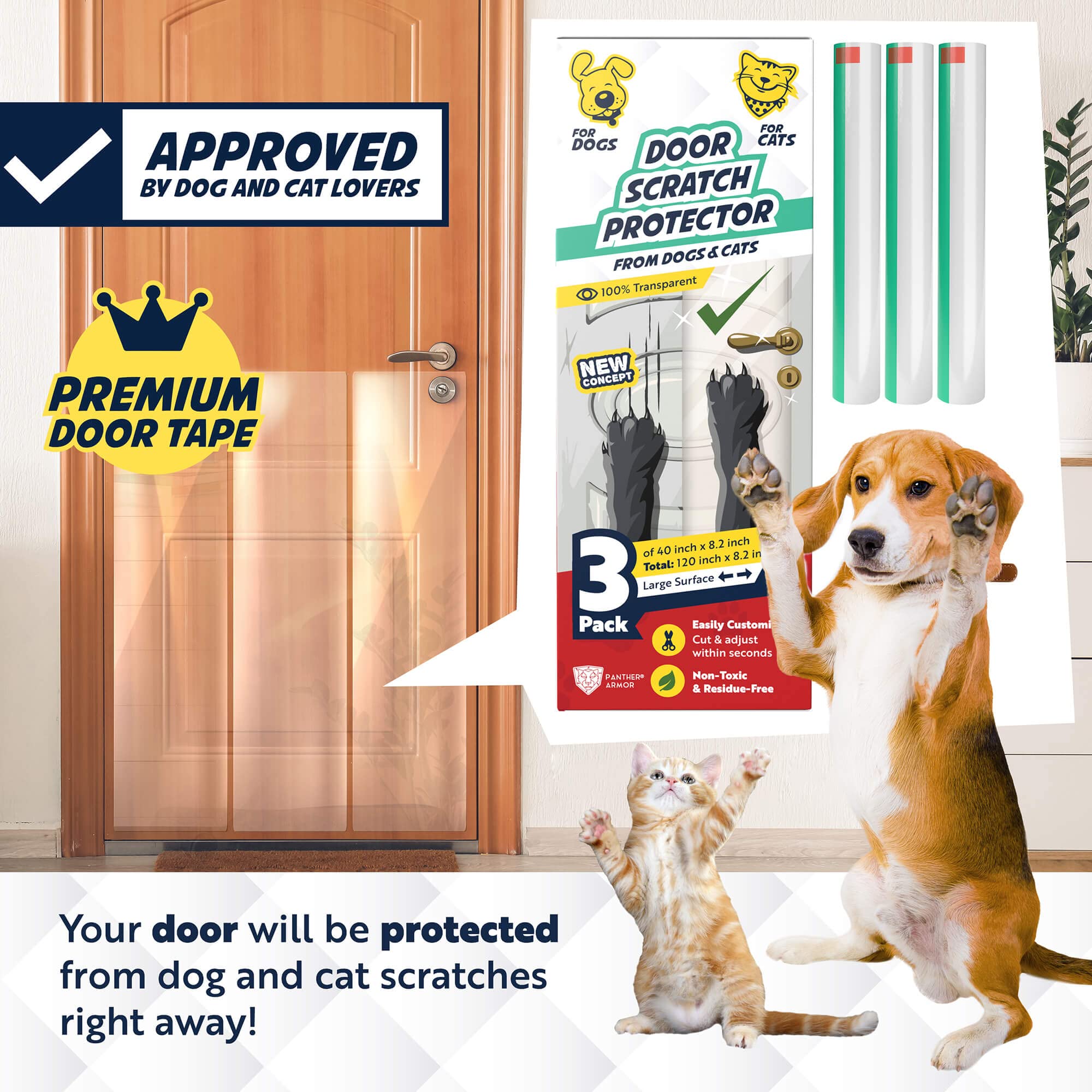 Panther Armor Cat Scratch Door Frame Protector - 3-Pack, 40"x8.2", Clear Plastic, Anti-Dog Scratch, Model DoorTape3Pack