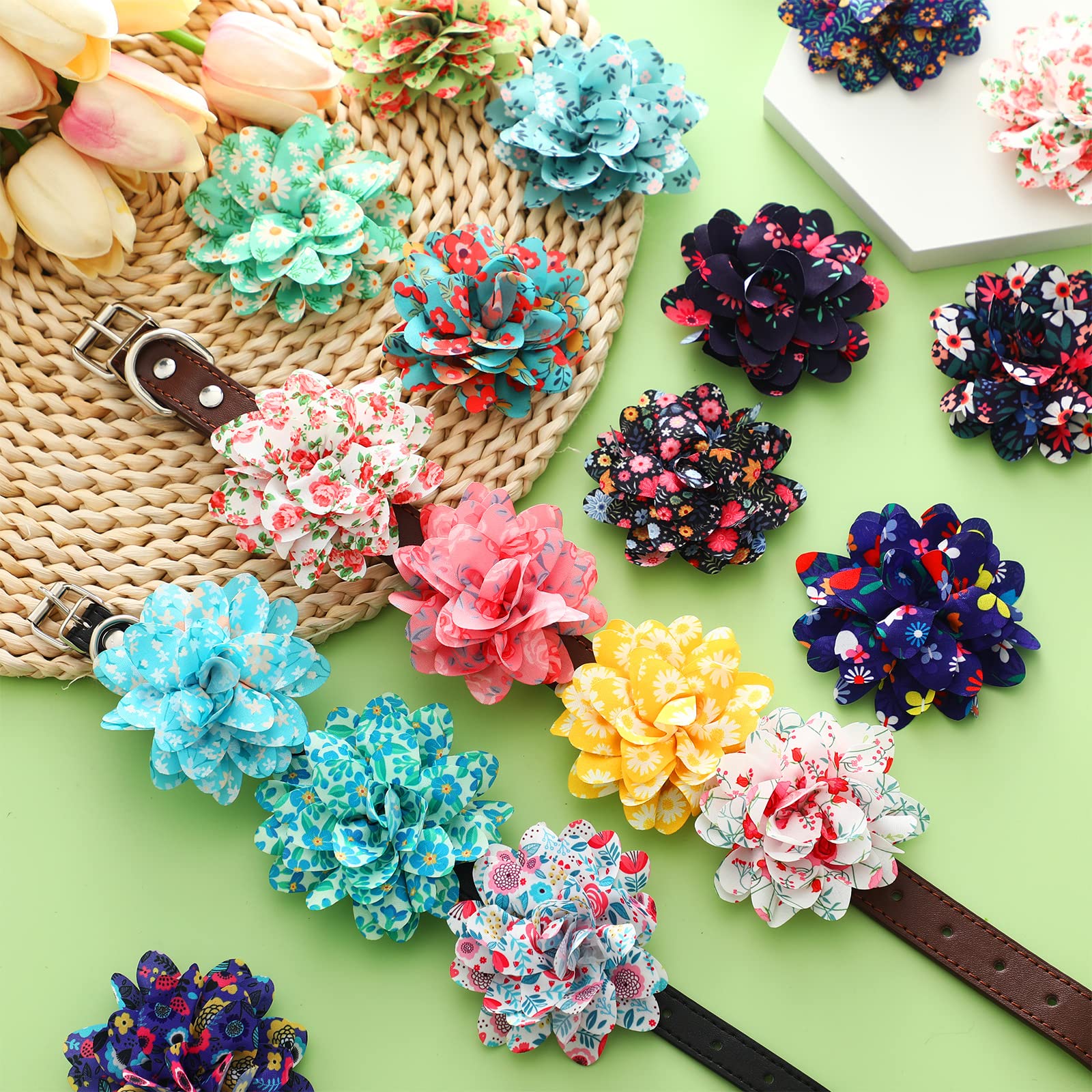Sanwuta 80 Pieces Spring Dog Collar Flowers Bulk Floral Collar Bow Ties Holiday Dog Accessories Grooming Supplies Puppy Bows Slides Attachment For Small Medium Large Pets Cats