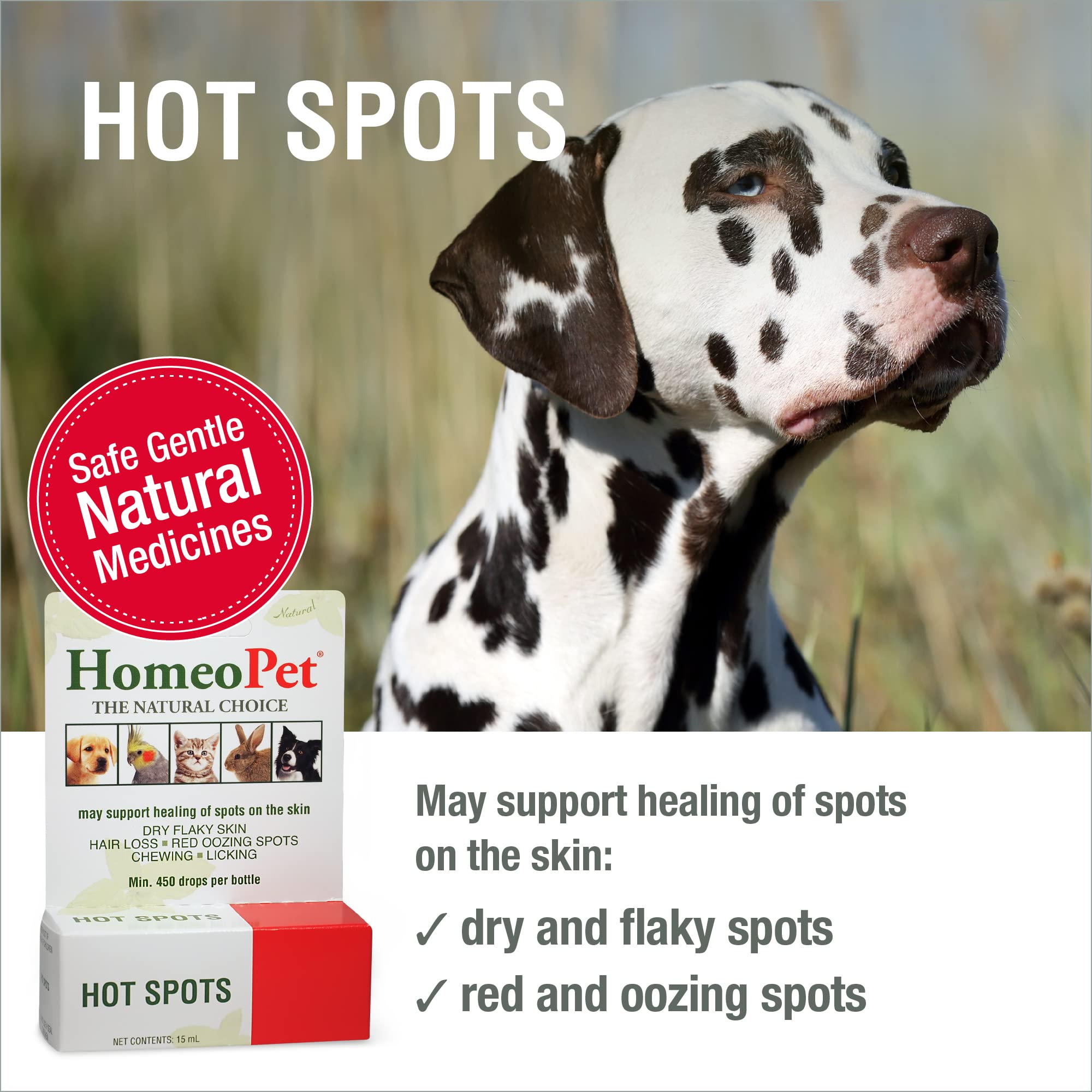 Homeopet Hot Spots, Safe And Natural Cat And Dog Skin-Soothing Medicine For Red, Irritated, And Flaky Pet Skin, 15 Milliliters