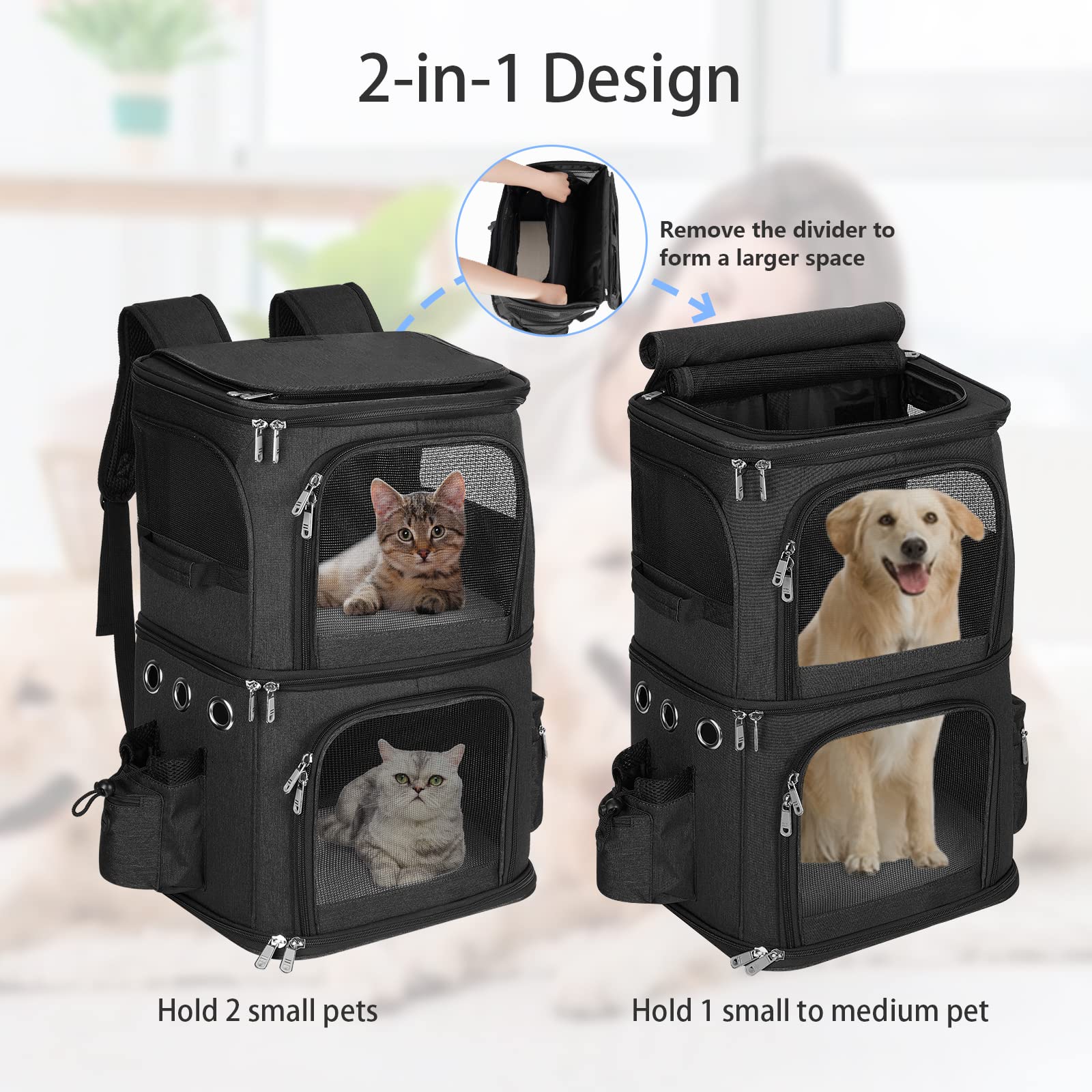 Hovono Double-Compartment Pet Carrier Backpack For Small Cats And Dogs, Cat Travel Carrier For 2 Cats, Perfect For Traveling/Hiking/Camping, Black