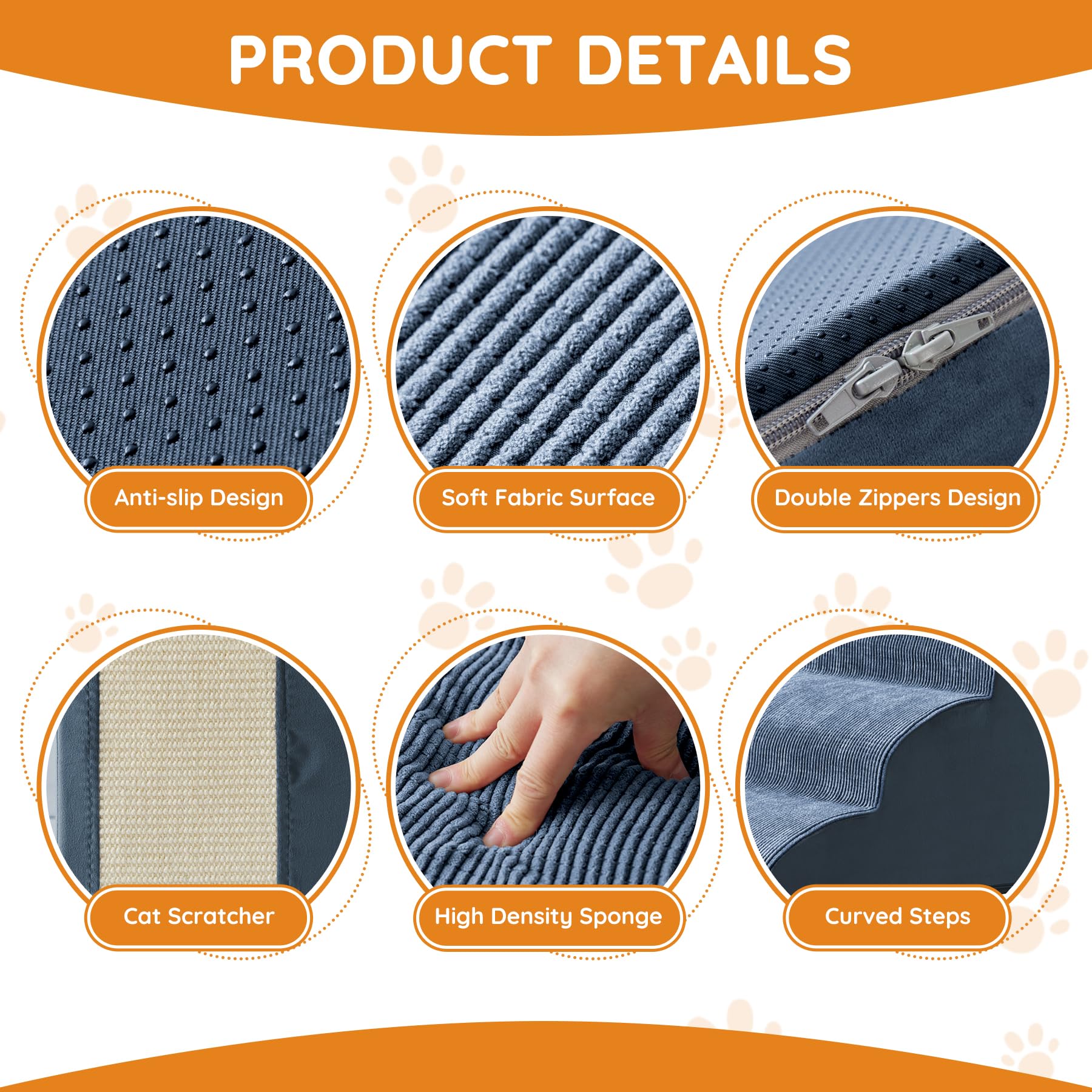 Pet Stairs For Small Dogs - 3-Step Curved Dog Ramp For Bed, Couch, Sofa, Car And Chairs - Non-Slip Bottom Design - High Density