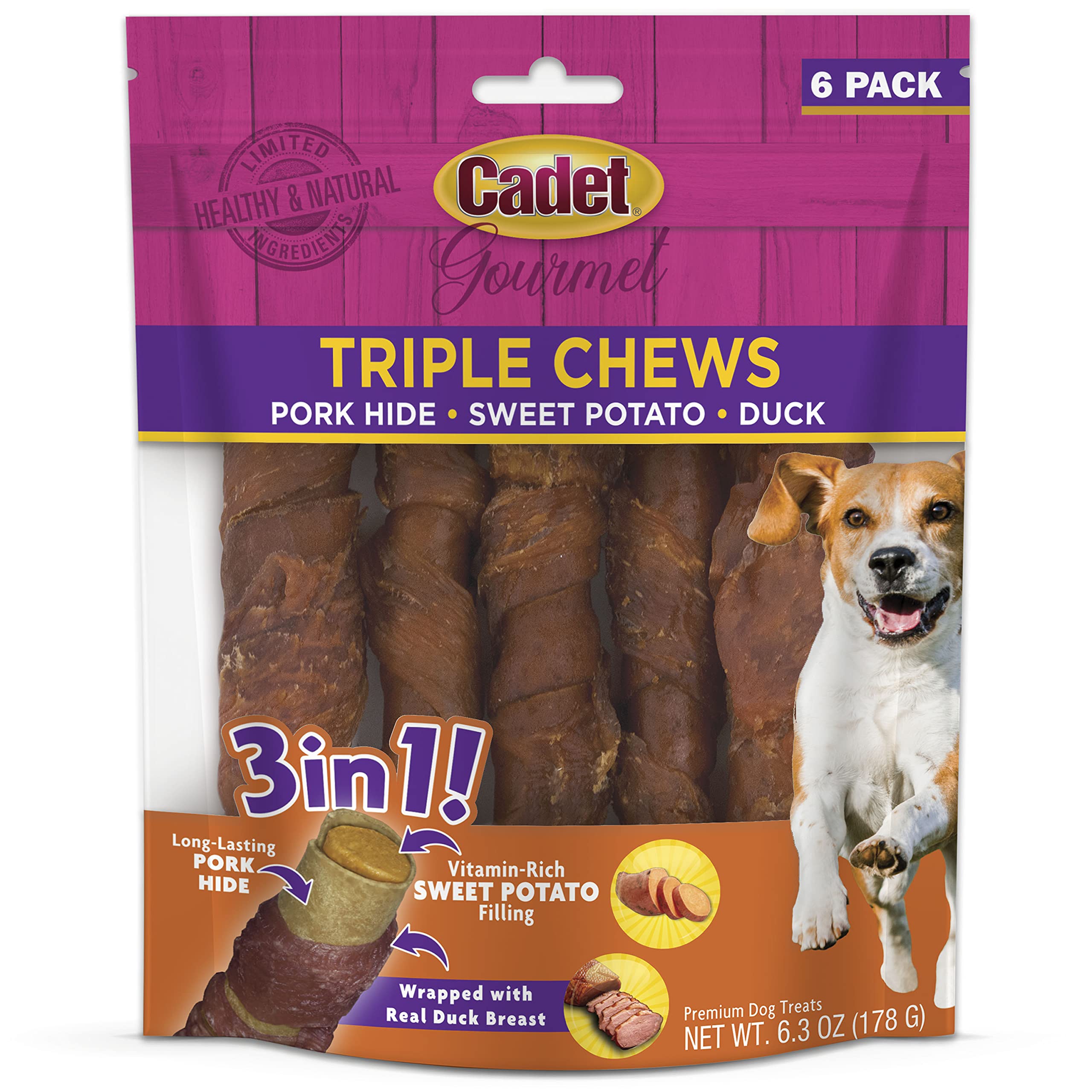 Cadet Gourmet Triple Chews Pork Hide, Sweet Potato, & Duck Dog Treats - Healthy Dog Treats for Small & Large Dogs - Inspected & 