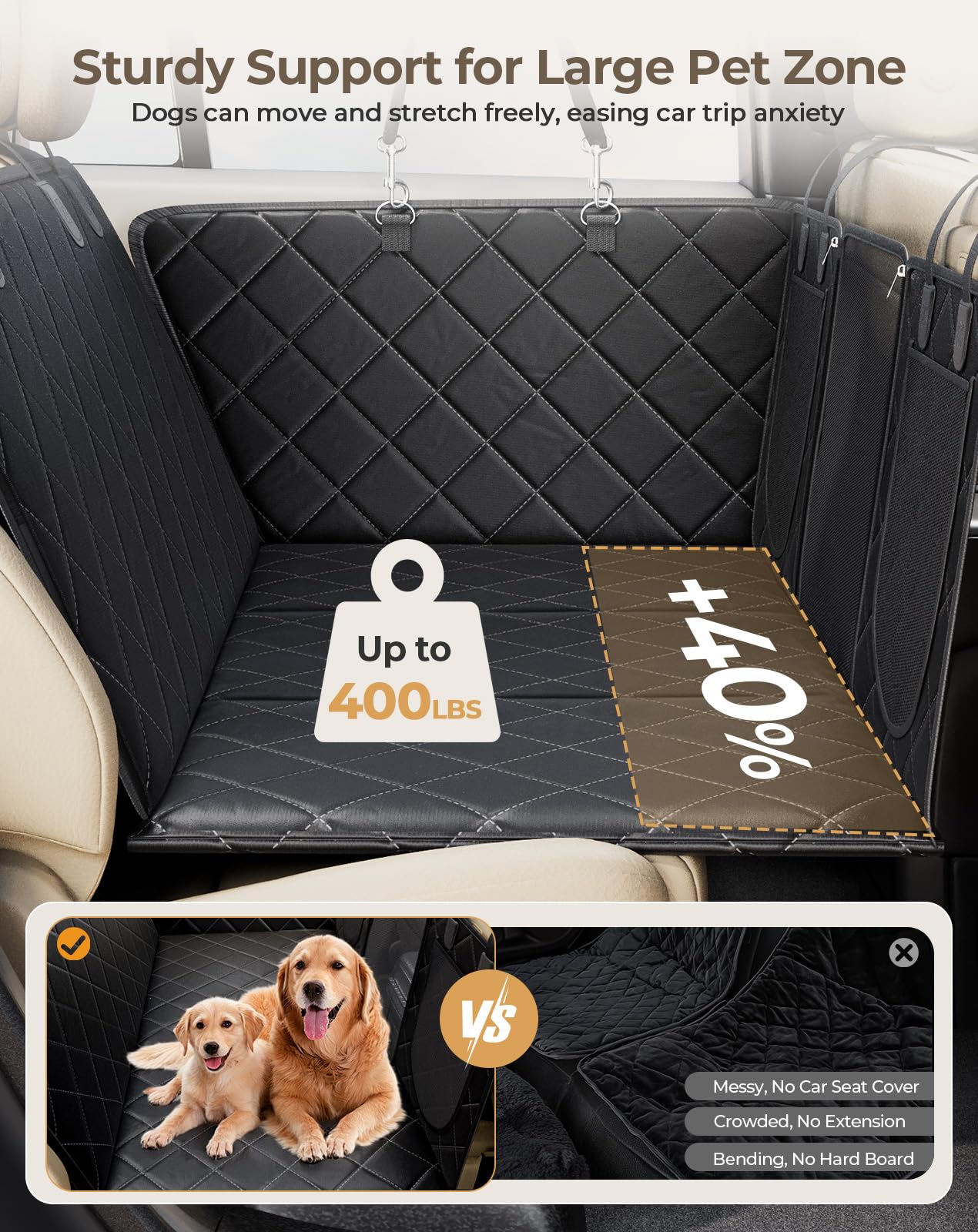 Petcozife Dog Car Seat Cover For Back Seat Supports 400Lb, Waterproof Back Seat Extender For Dogs With Hard Bottom With Durable