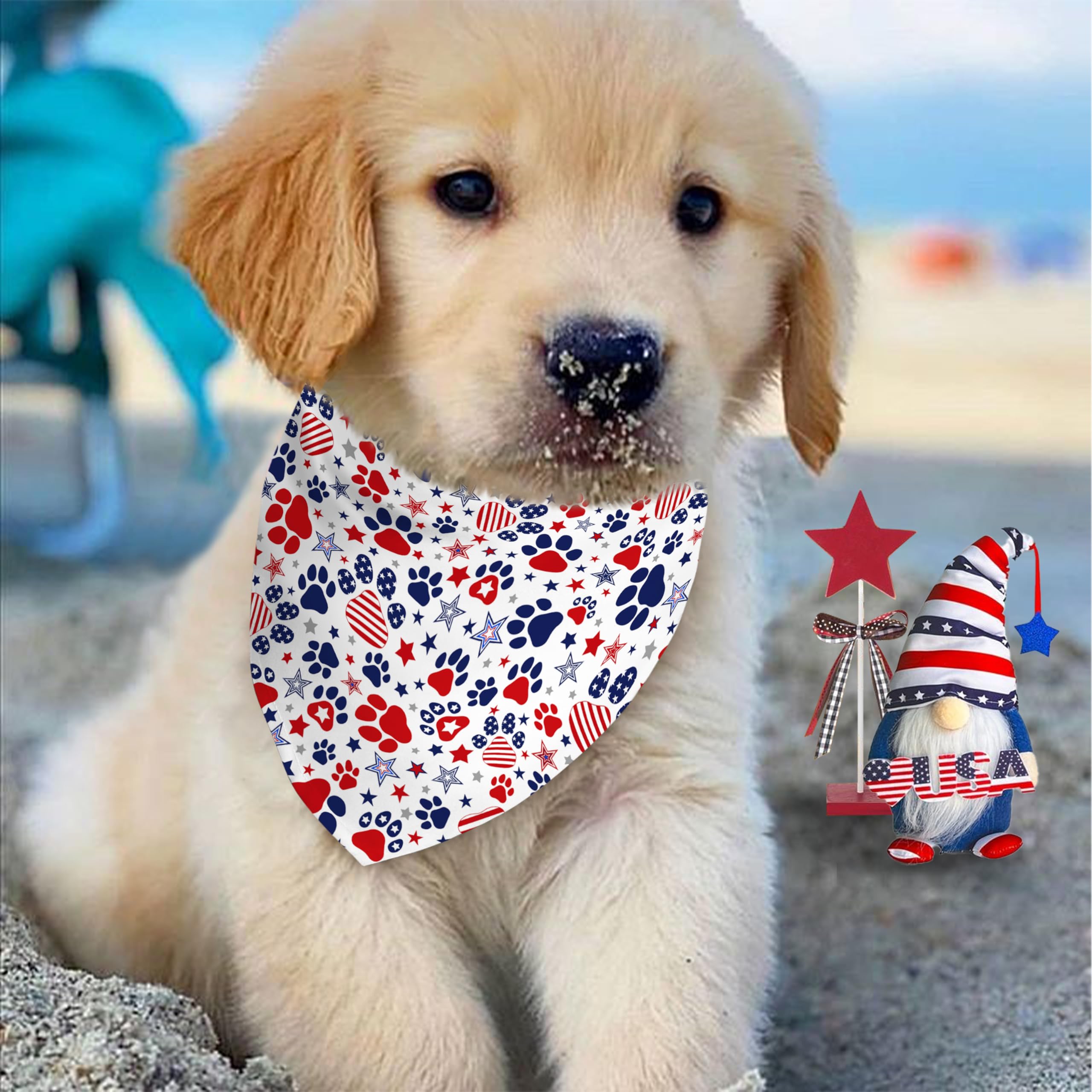 4Th Of July Dog Bandana Reversible 2 Pack Small, Red White And Blue Dog Paw Star Patriotic Dogs Bandanas Set Adjustable Triangle