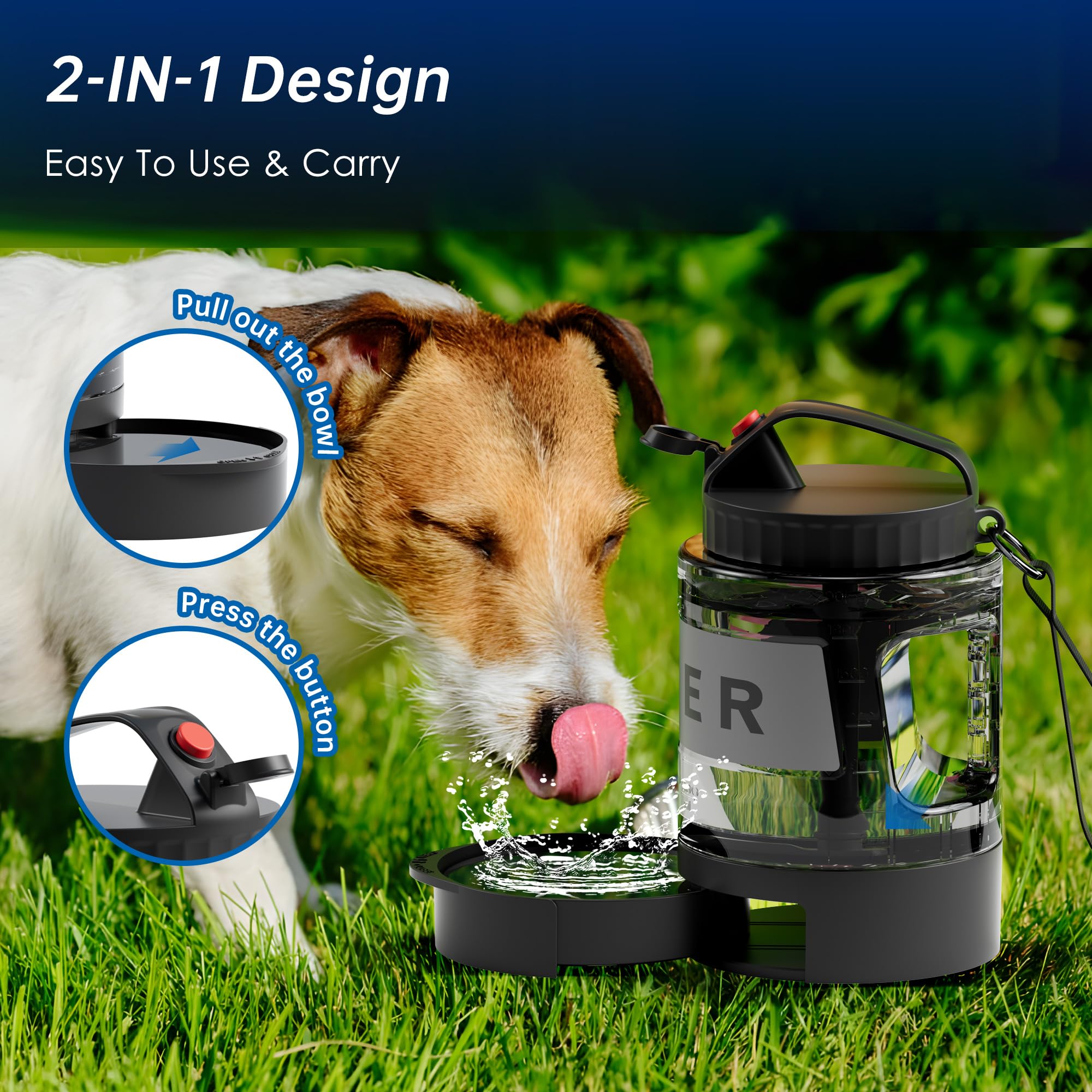 77oz Dog Water Bowl Dispenser,Dog Camping Essentials Large Dog Water Bottle with Pull-Out Drinking Bowl,Portable Travel Water Bo