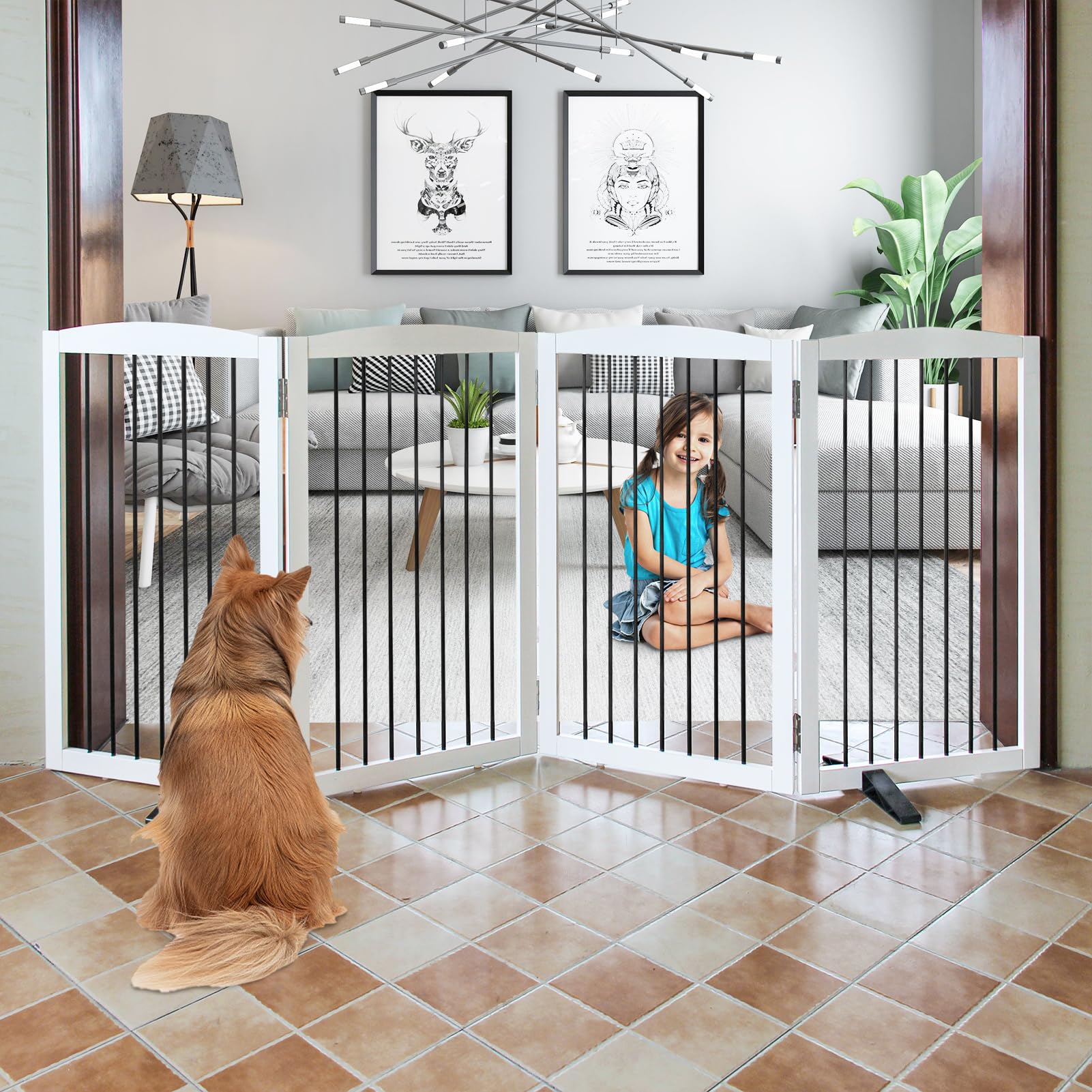 SFJC Freestanding Panel Dog Gate for Indoor, Doorways,Stairs, or Hallways,Foldable Wooden Dog Gates for House,Pet Gate for Dogs,
