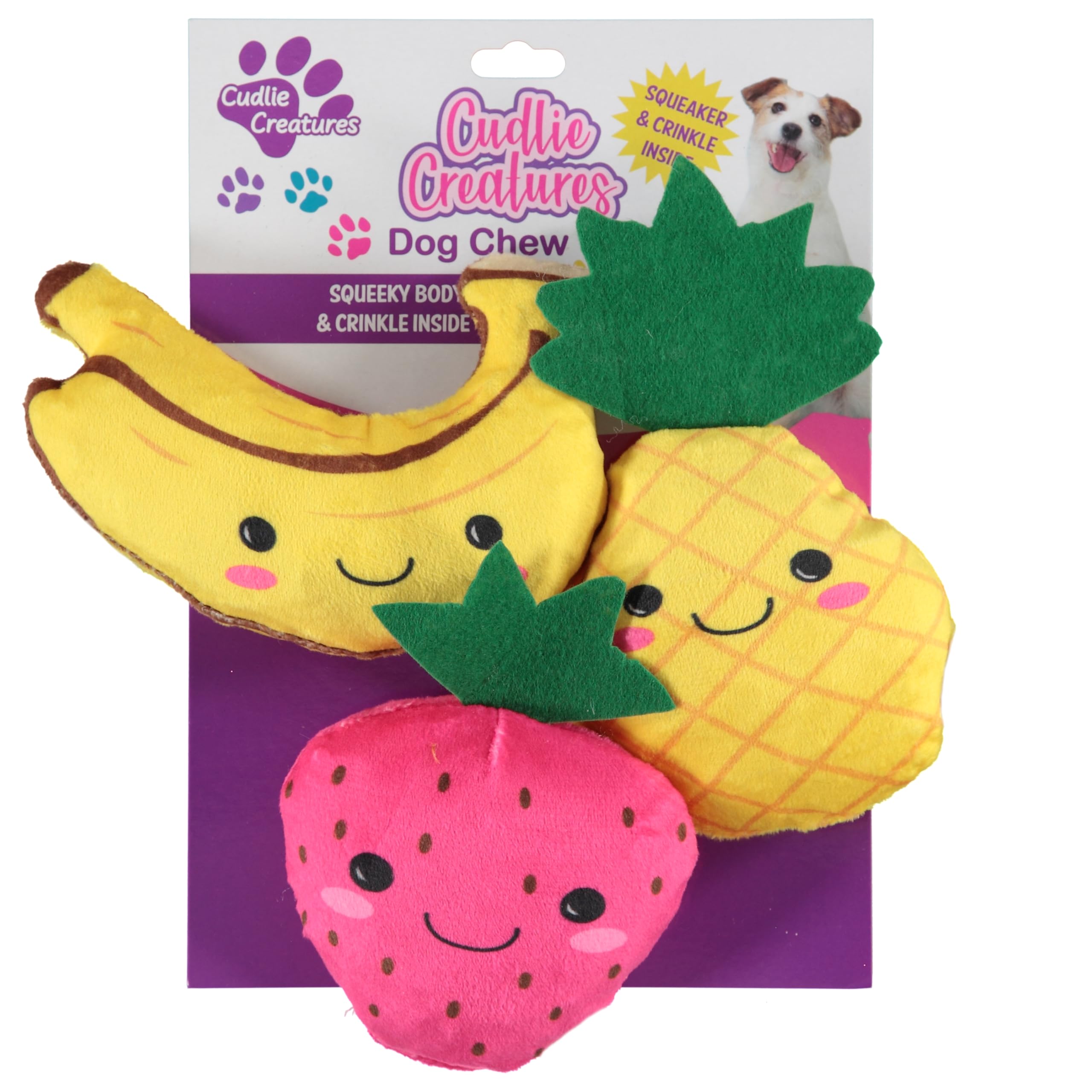 Cudlie 3 Pack Plush Dog Chew Toys - Soft Squeaky Puppy Toys for Small Dogs- 4 Durable, Cute & Safe Pet Toy Gift Set (Food, Fruit