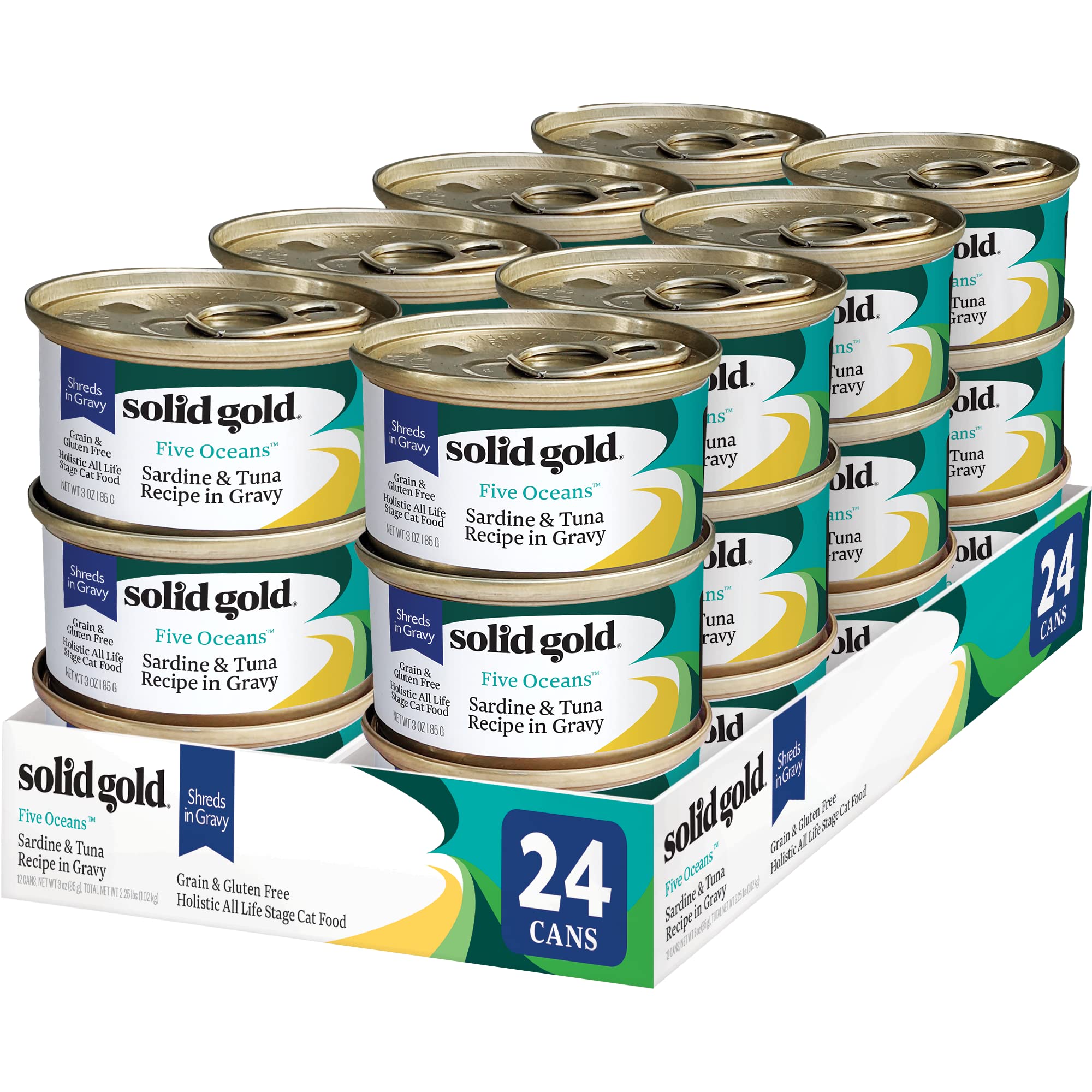 Solid Gold Wet Cat Food Shreds in Gravy - Healthy Canned Cat Food Made w/Real Tuna, Sardine, Vitamins, Minerals & Taurine - Grai