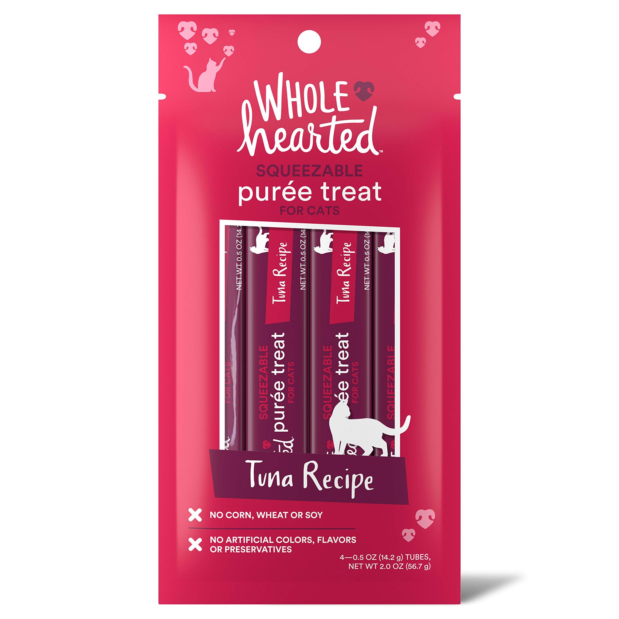 WholeHearted Cat Treats, Tuna Recipe Squeezable Pur  e, 4 Tubes, 0.5 oz Each