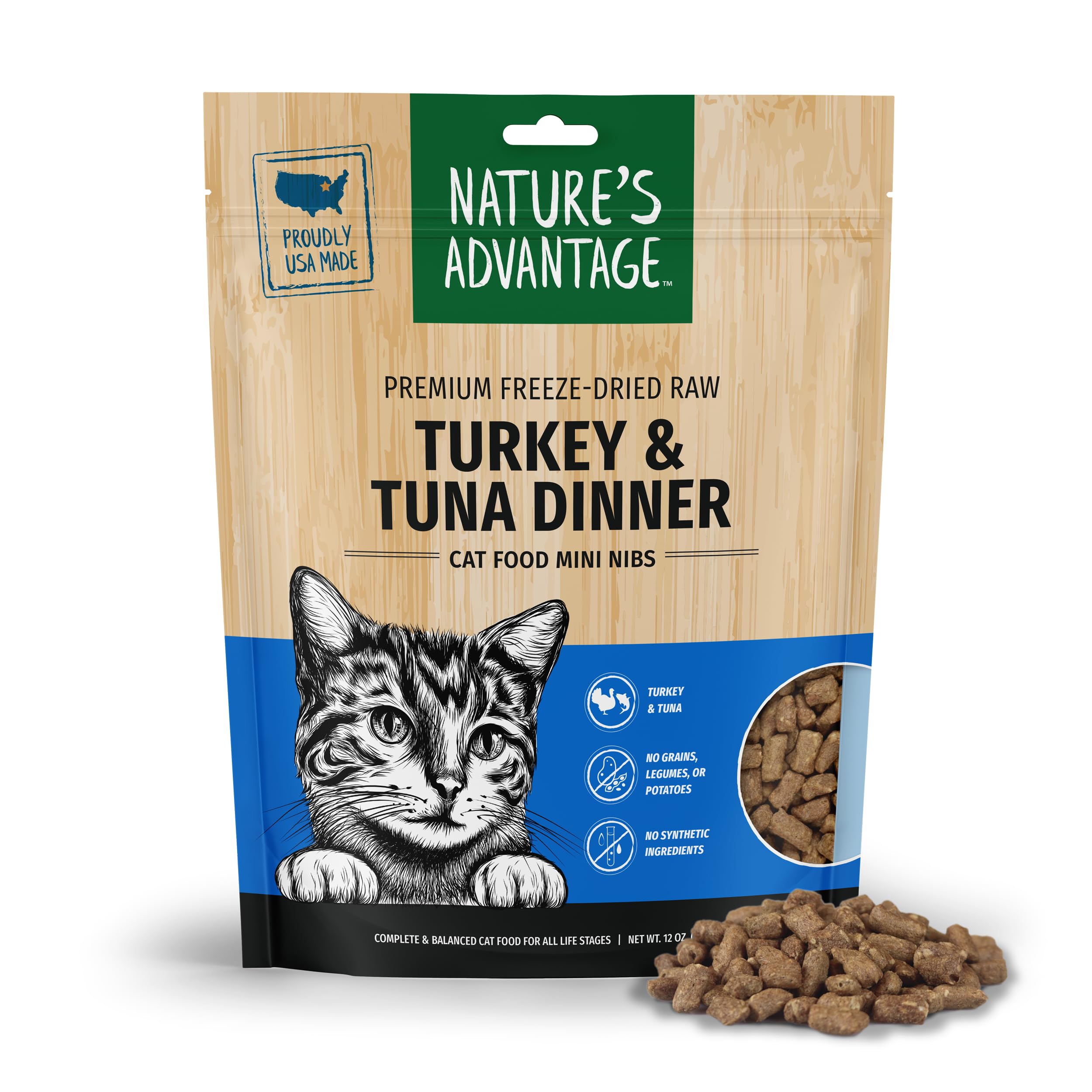 Natures Advantage Freeze-Dried Raw Turkey & Tuna Dinner Cat Food Mini Nibs, 12 oz | Grain Free, High Protein Nutrition
