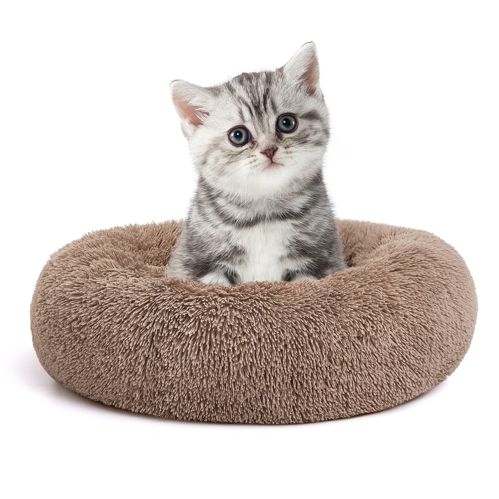 Mixjoy Calming Cat Beds For Indoor Cats, 20'' Kitten Donut Bed For Pet Up To 15Lbs, Fluffy Small Cat Cuddler Bed, Anti-Anxiety P