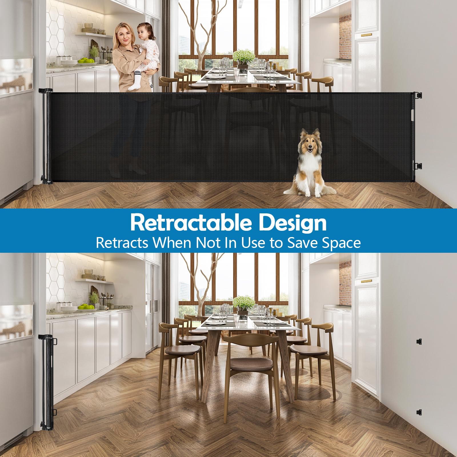 90 Inch Retractable Baby Gates Extra Wide Dog Gate Outdoor Retractable Gate Indoor Long Baby Gate Extra Wide Baby Gates for Larg