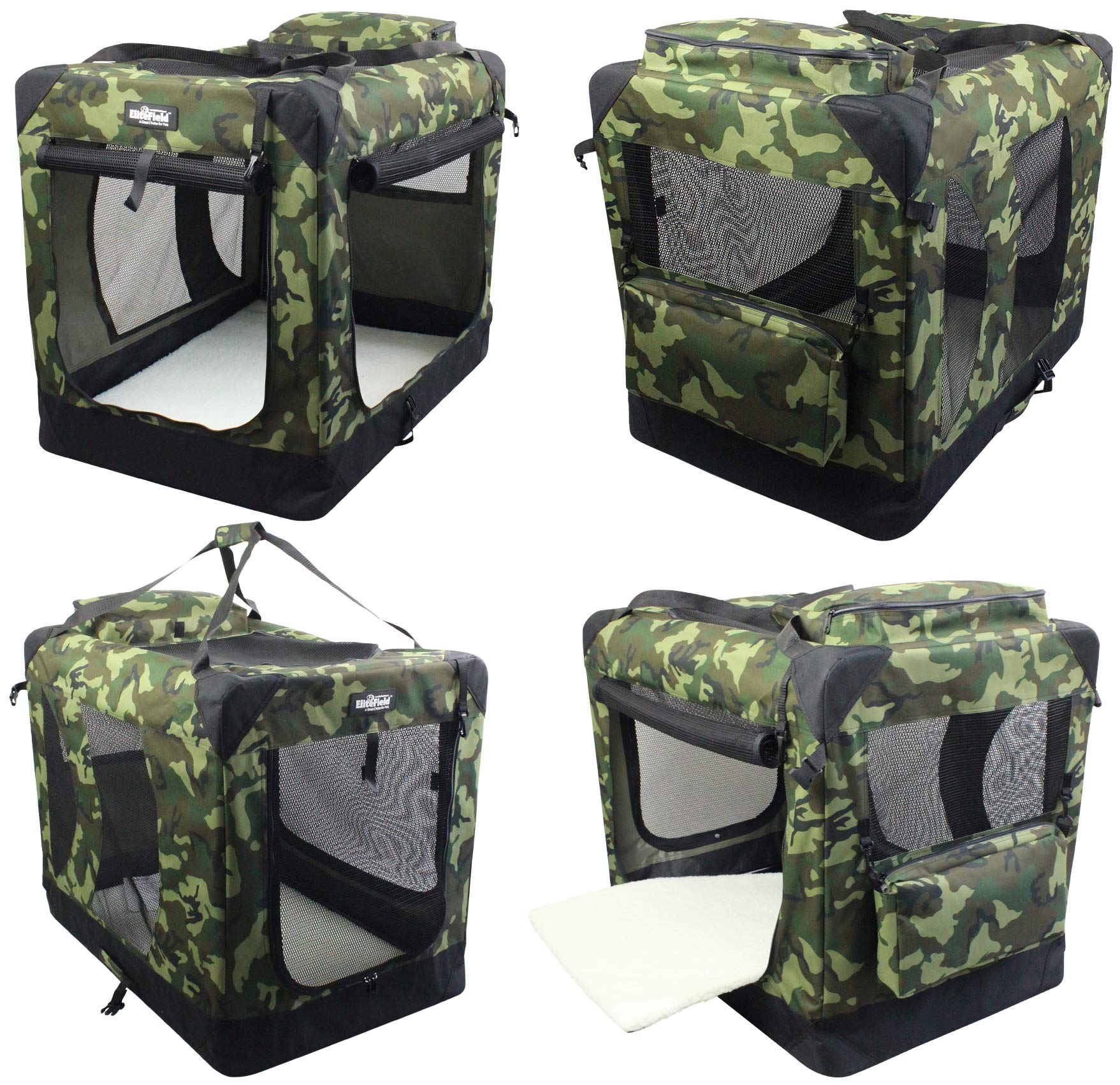 EliteField 3-Door Folding Soft Dog Crate - Camo, 20" L x 14" W x 14" H, Indoor & Outdoor Pet Home, Durable Steel Construction