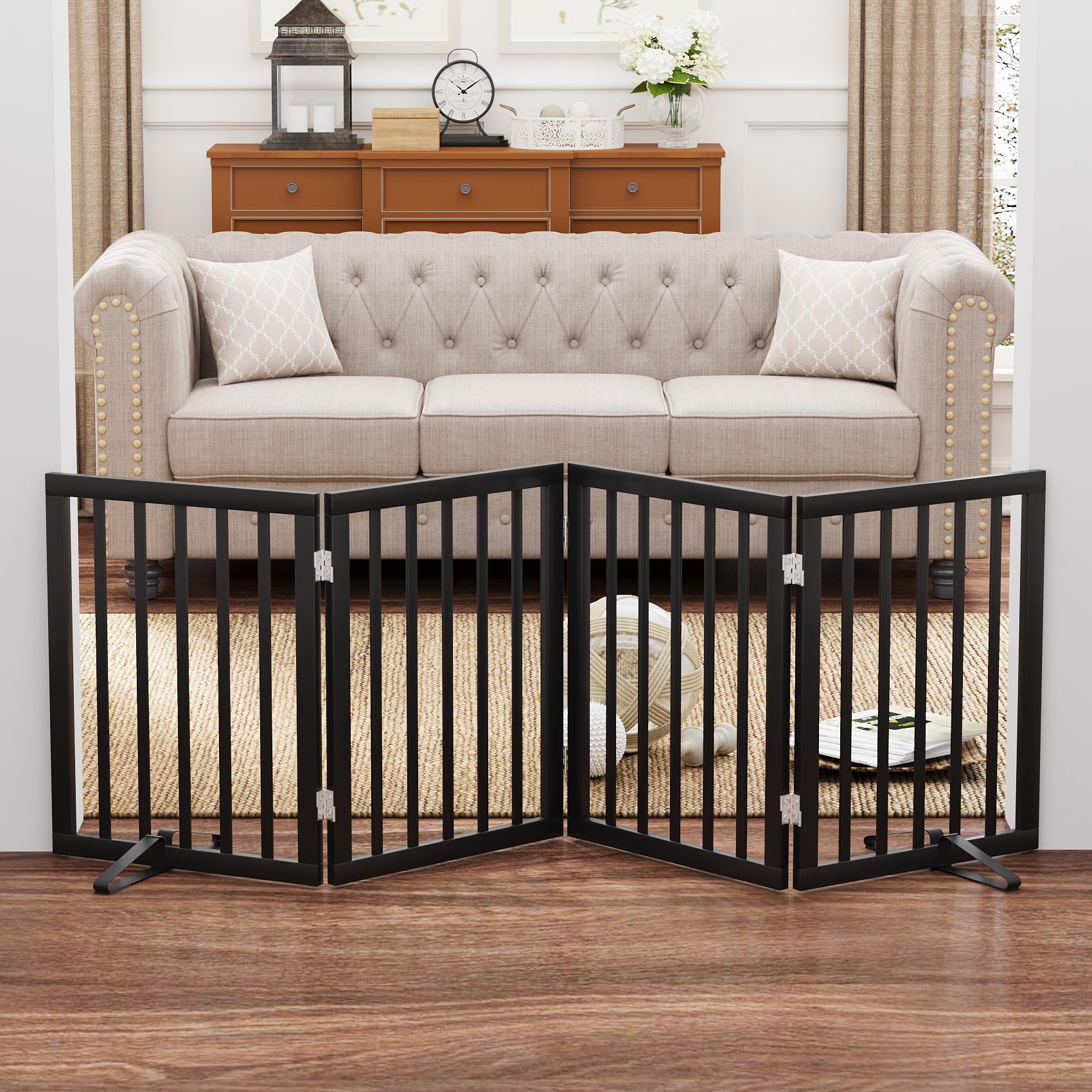 Mino Kesper Black 37-74 Dog Gate Foldable Dog Gates for Doorways Stairs House Freestanding Pet Gate Puppy Barries 24 inches Tall