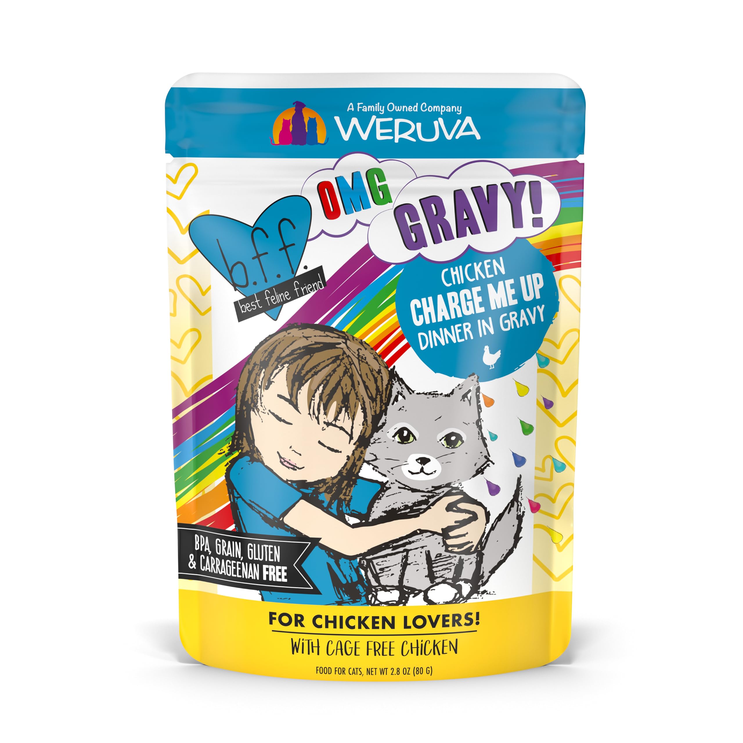 Weruva B.F.F. OMG - Best Feline Friend Oh My Gravy!, Chicken Charge Me Up with Chicken in Gravy, 2.8oz Pouch (Pack of 12)