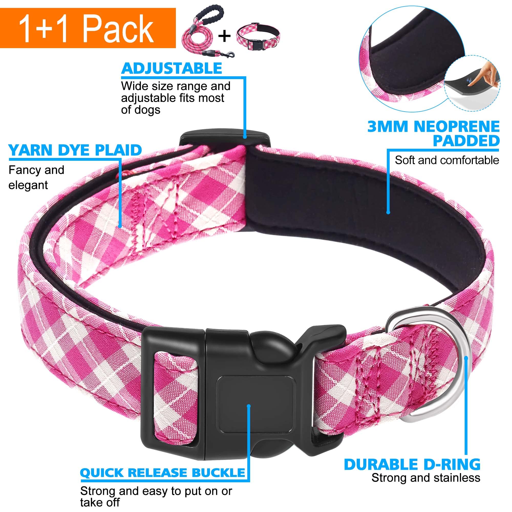Ladoogo Reflective Dog Collar Padded With Soft Neoprene Breathable Adjustable Nylon Dog Collars For Small Medium Large Dogs (Medium (Pack Of 1), Pink Plaid Collar+Leash)