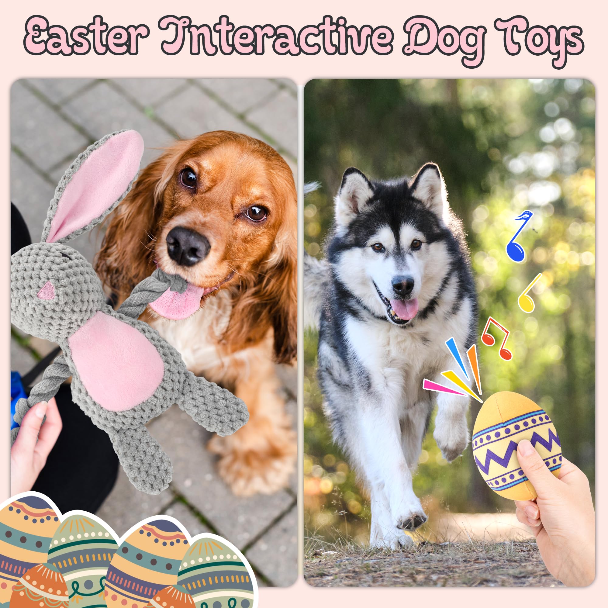 Ousiya 2 Pack Easter Dog Toys, Easter Squeaky Rabbit & Eggs Toys With Crinkle Pet Gifts For Puppy, Small, Medium, Large Dogs