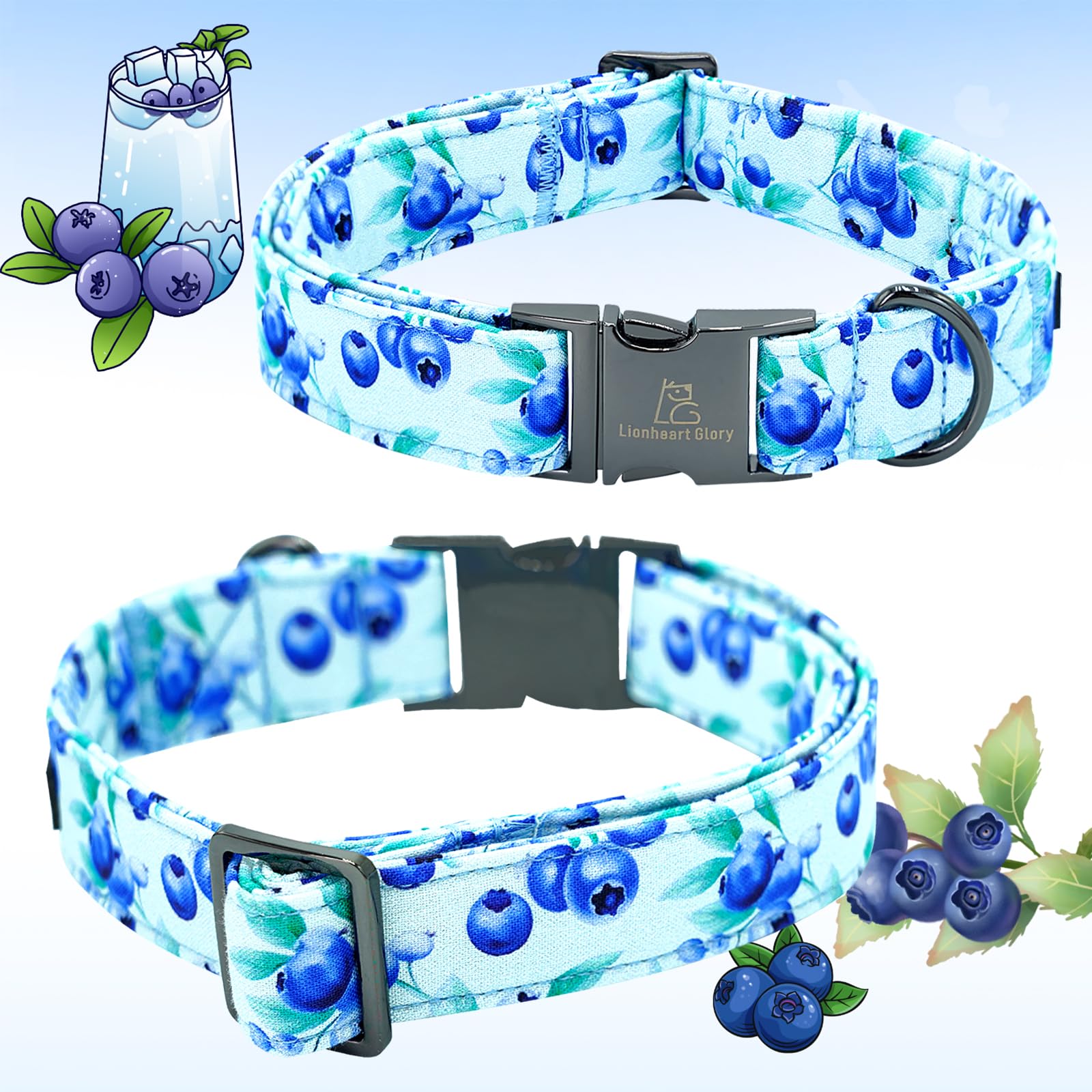 Lionheart Glory Dog Bow Collar Blueberries Print Collars For Medium Dogs, Spring Summer Cute Duty Adjustable Dog Collar With Bow