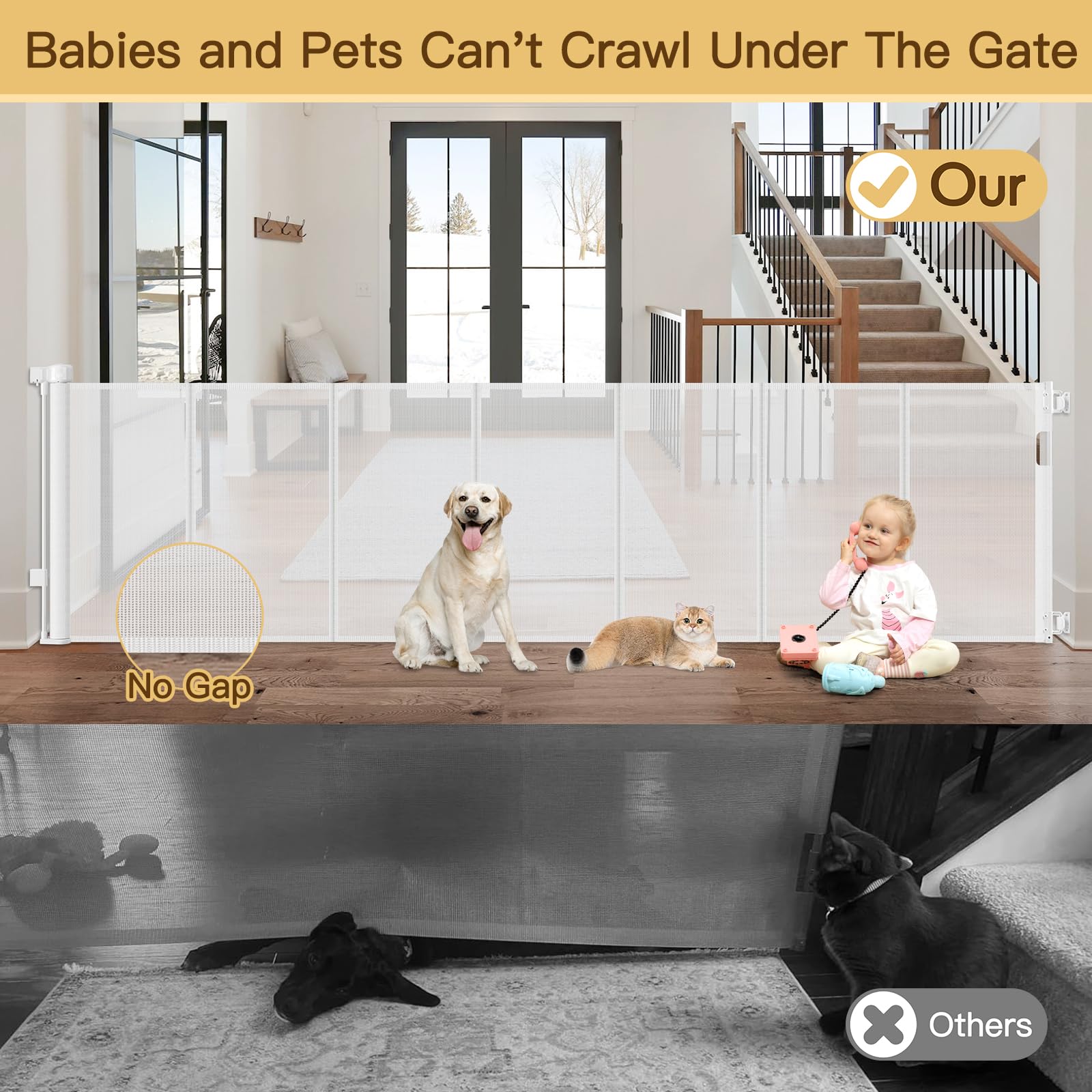 Reinforced 120 Inch Retractable Baby Gates for Doorway, Bottom Anti-Crawl 10 Foot Extra Long Baby Gate, Indoor/Outdoor Retractab