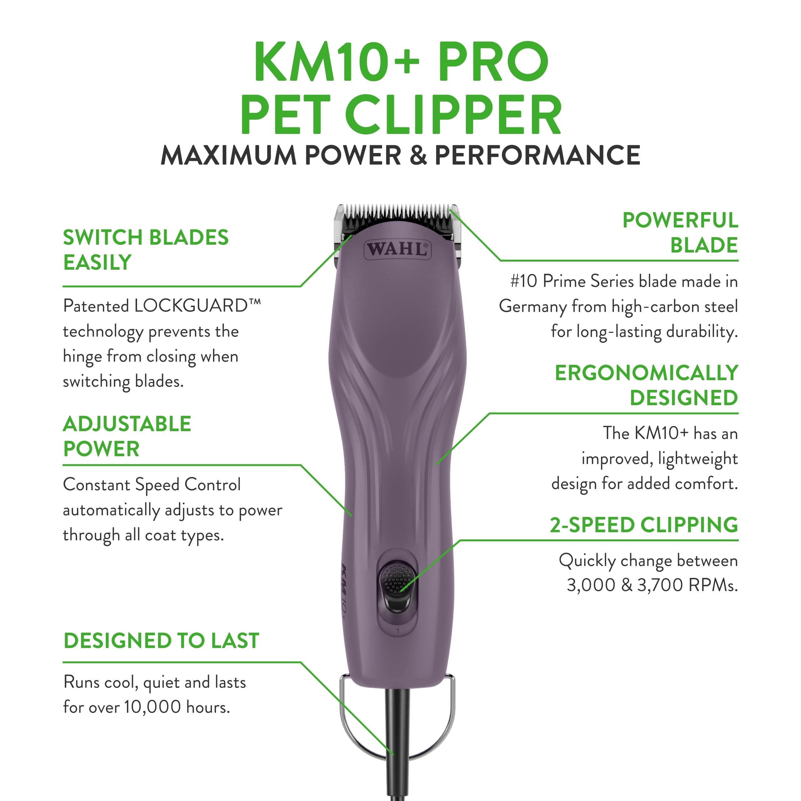 Wahl Pro Animal Km10+ Corded Clipper - New #10 Prime Series Blade, Lockguard Patent Pending Technology & Textured Housing Design