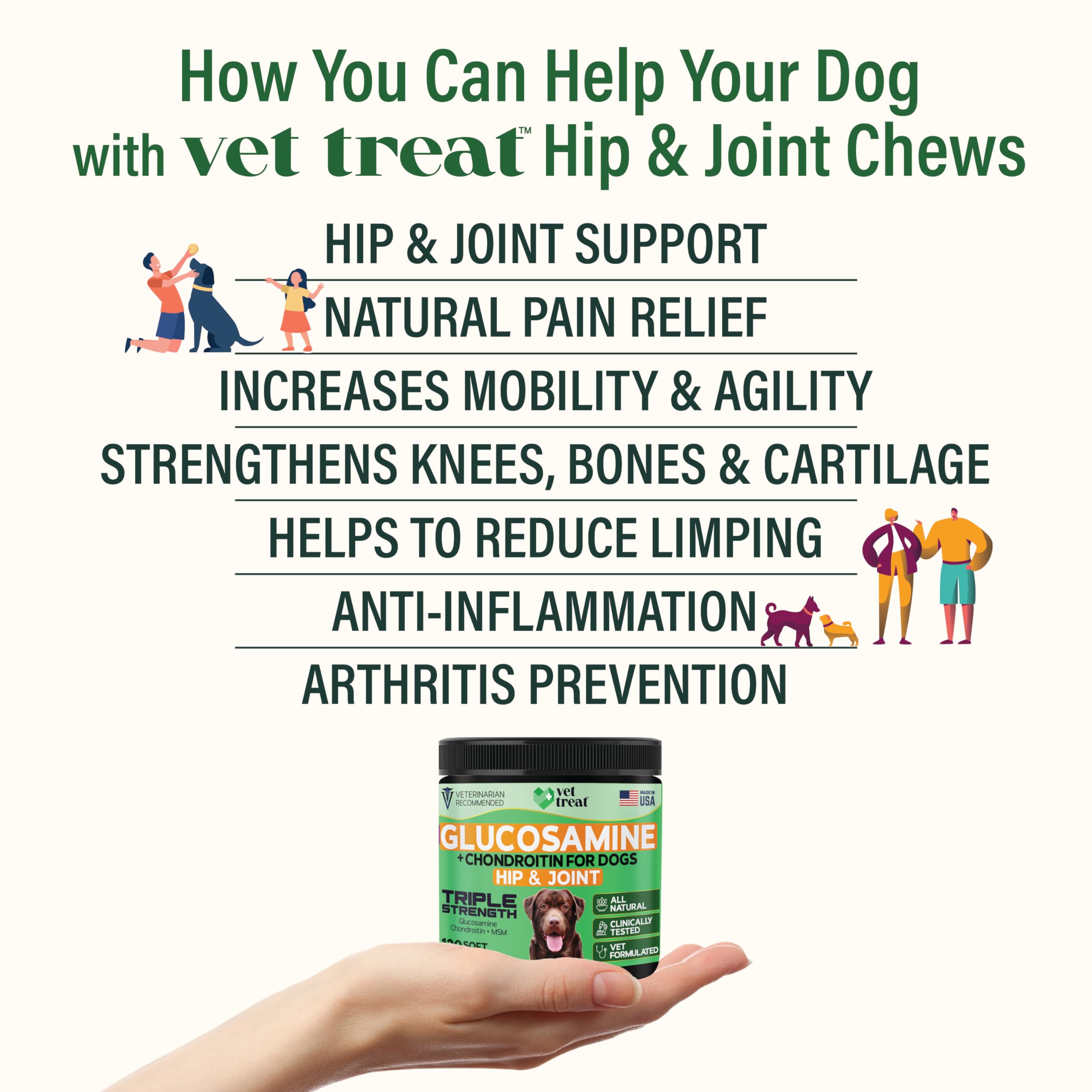Hemp Hip and Joint Supplement for Dogs - Glucosamine for Dogs -Made in USA- 120 Treats Pain Relief Anti Inflammatory - Chondroit