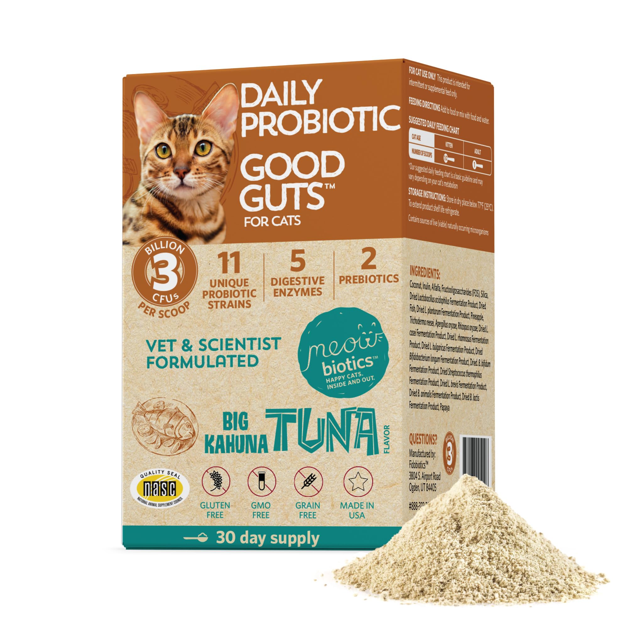 Meowbiotics Good Guts for Cats Probiotic Powder, 11 Probiotic Strains, 2 Prebiotics, 5 Digestive Enzymes for Digestive Support, 
