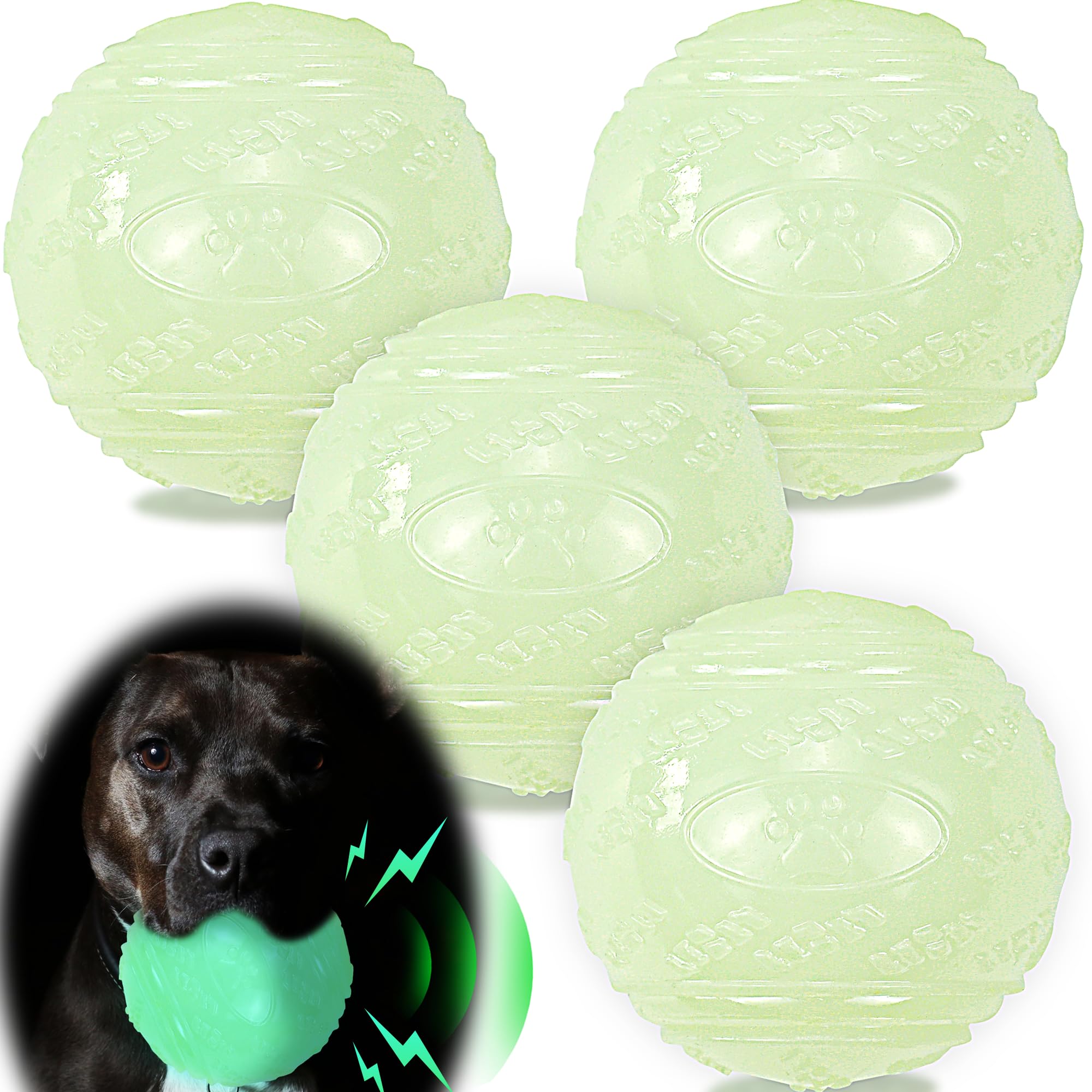 Lechong 4-Pack 3.5    Glow Squeaky Dog Balls,Bouncy Glow In The Dark Dog Ball With Squeaker, Durable Dog Rubber Ball Toys Glowin