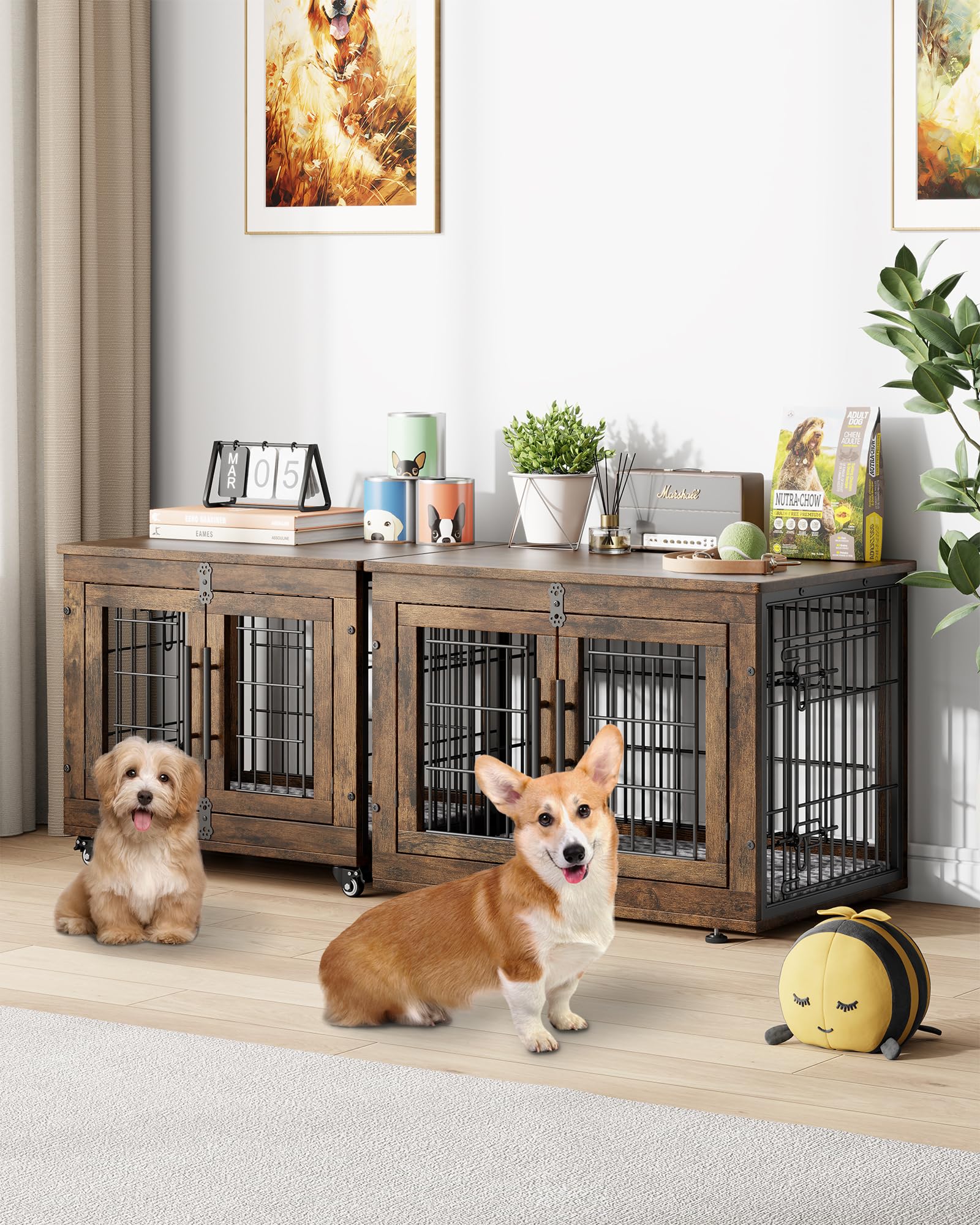 YaFiti Dog Crate Furniture with Cushion Set of 2, Wooden Dog Kennel Indoor with Double Doors, Dog Cage with Wheels, Dog House Si
