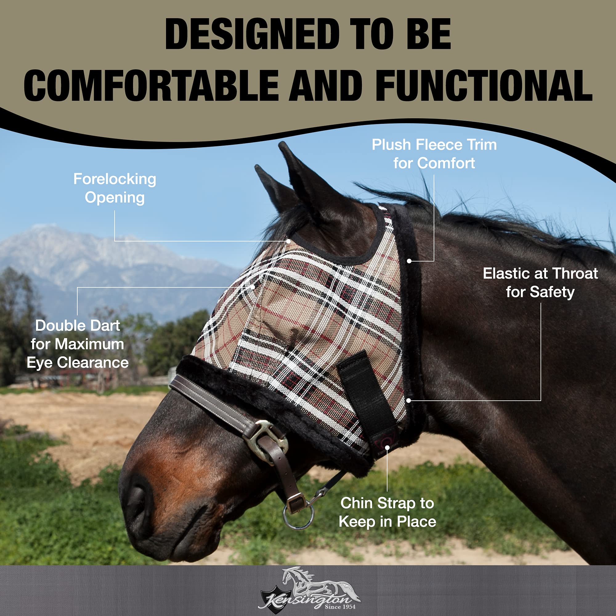 Kensington Fly Mask with Fleece Trim for Horses - Protects Face and Eyes From Flies and UV Rays While Allowing Full Visibility -