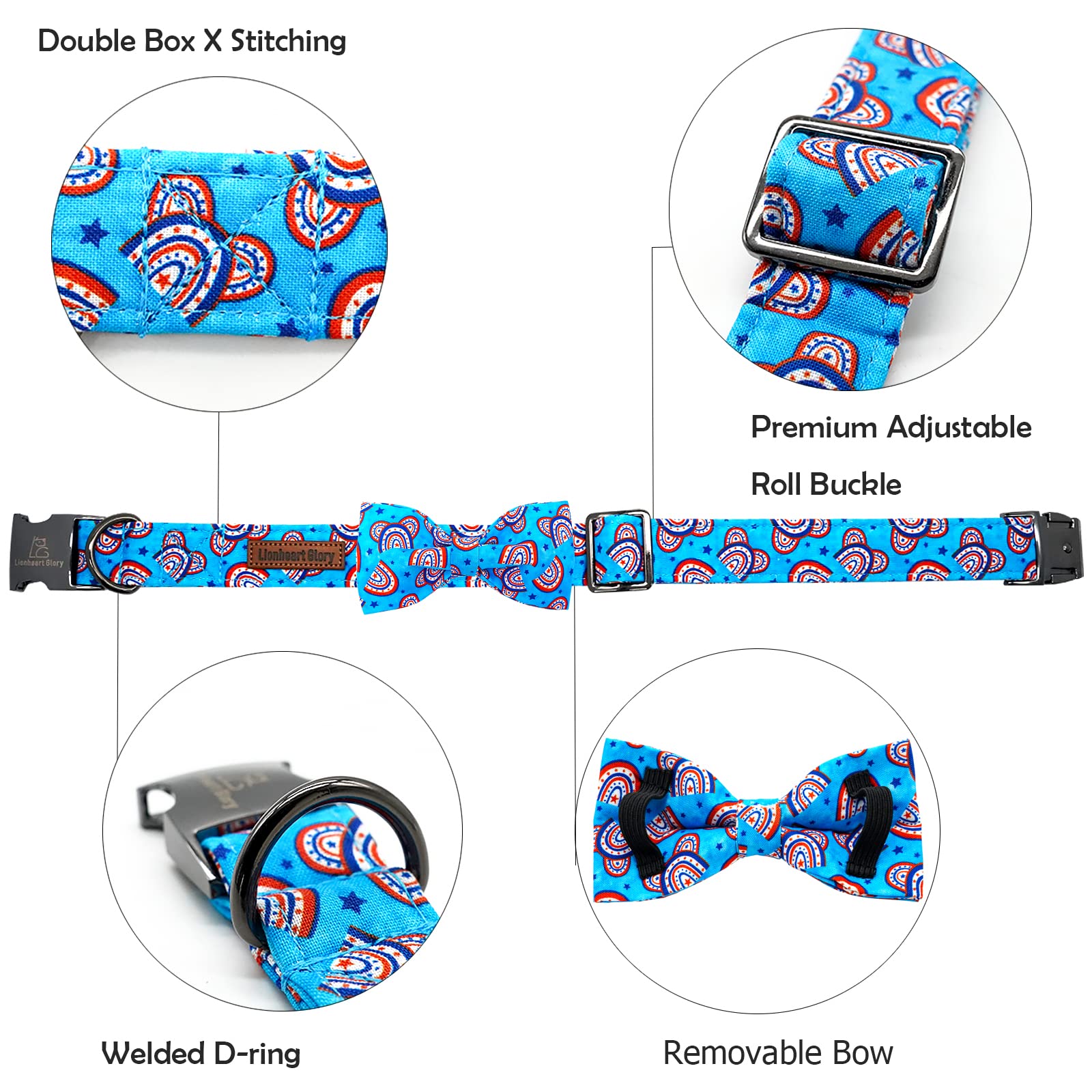Lionheart Glory American Flag Dog Collar, 4 Of July Dog Bow Collar Heavy Duty Adjustable Patriotic Dog Collar With Bowtie For Sm