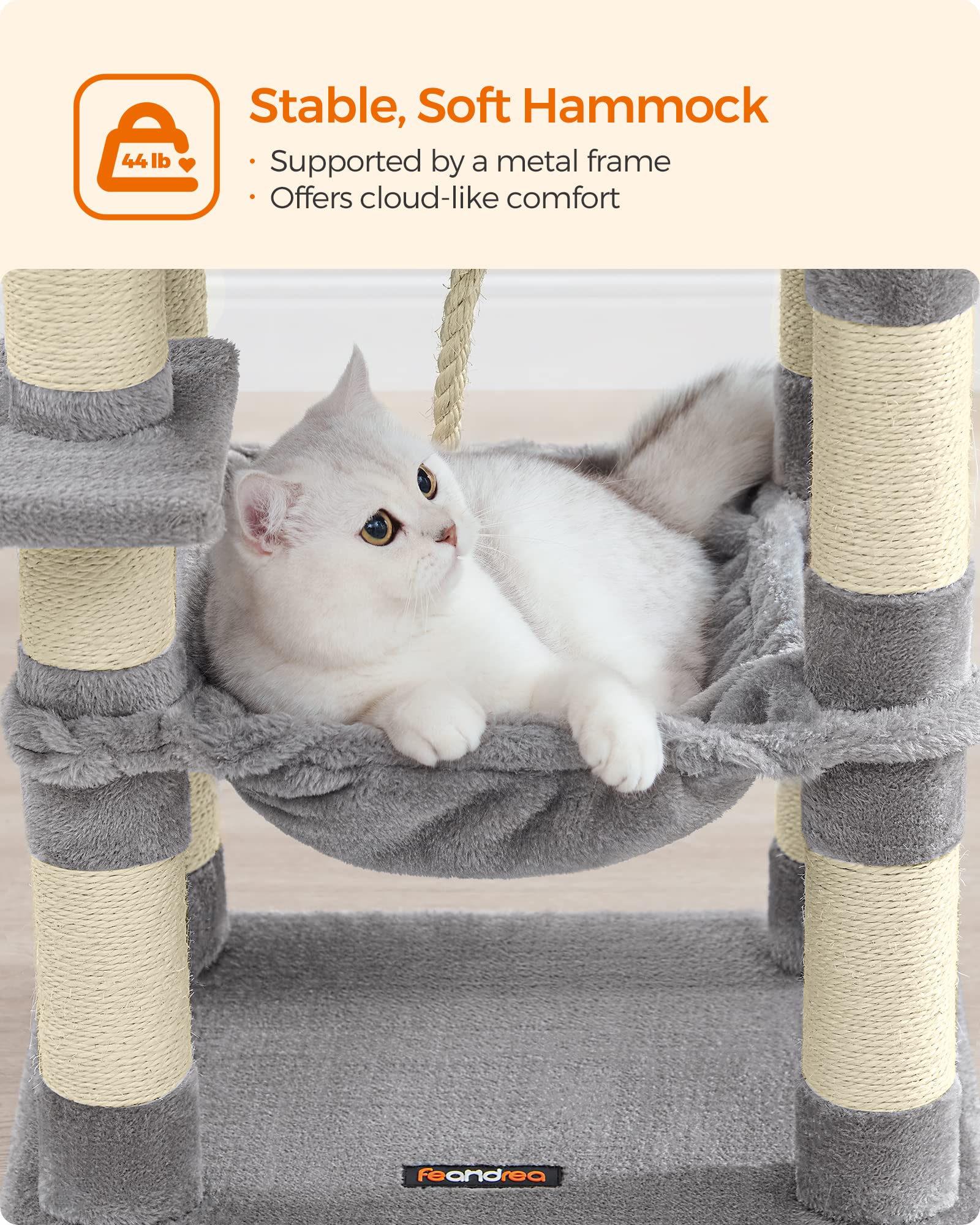 Feandrea Cat Tree, 44.1-Inch Cat Tower For Indoor Cats, Multi-Level Cat Condo With 11 Scratching Posts, 2 Perches, Cave, Hammock, Light Gray Upct215W01