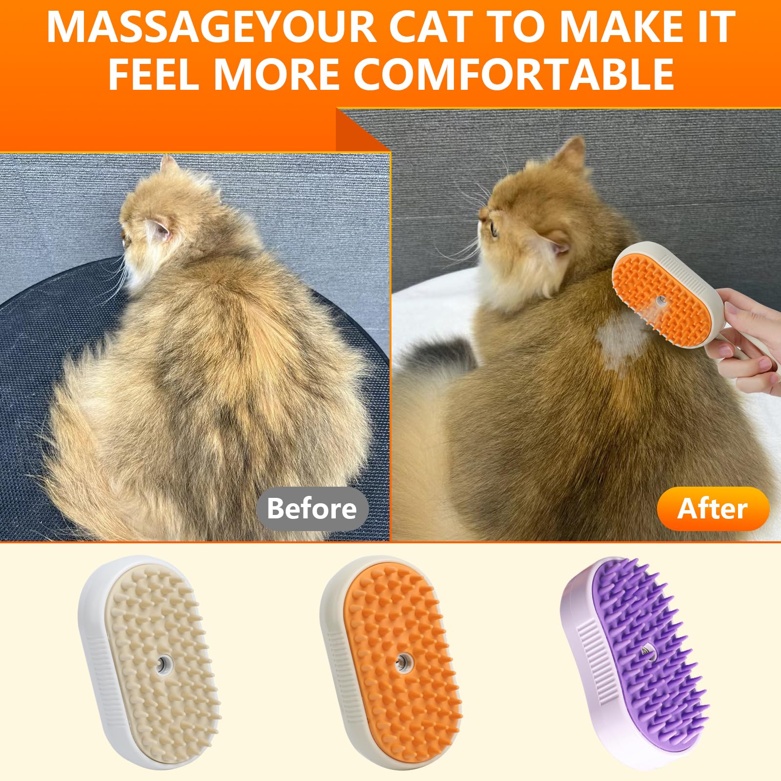 4-In-1 Cat Grooming Steam Brush, Pet Hair Shedding, Massage, Cleaning, Combing (Purple)
