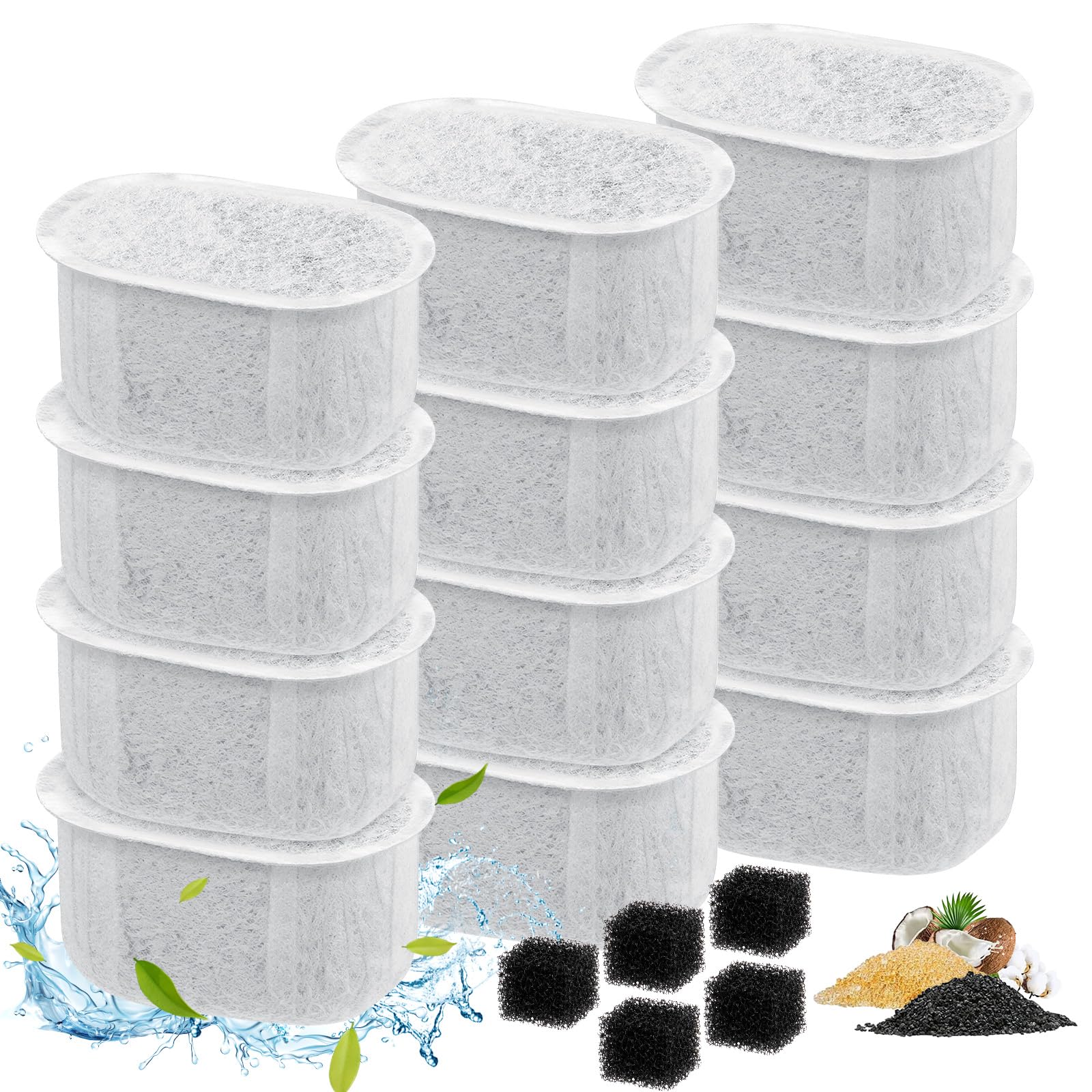 Lemonfilter Cat Water Fountain Filter, 12 Pack Replacement Filters & 5 Pack Sponges Kit Compatible With W300&W300B&W500&W500B Ca