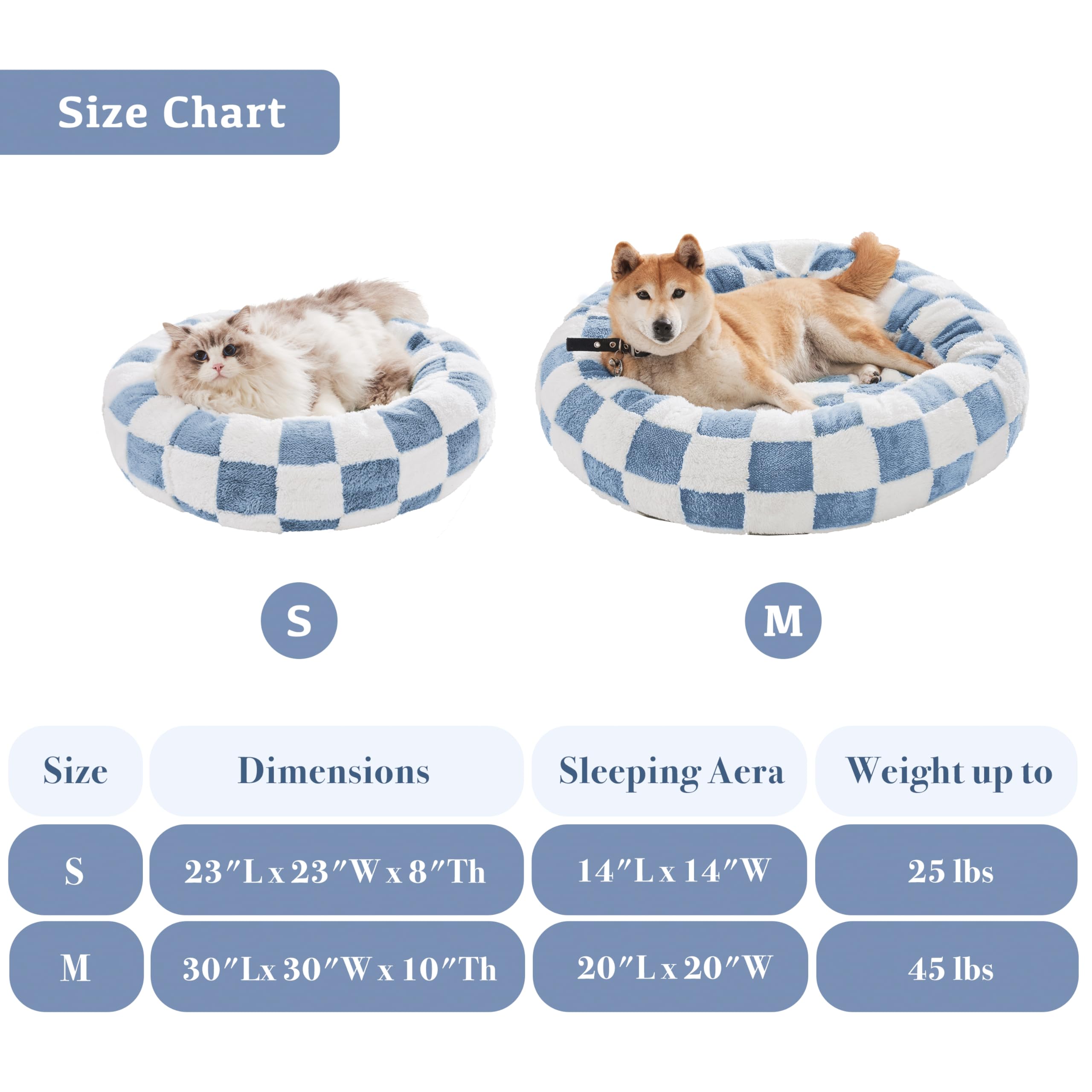 Ohocut Checkered Cat Dog Bed, Cute Blue Retro Style Aesthetic Round Warming Pet Calming Beds For Small Dog And Cats, Plush Cozy