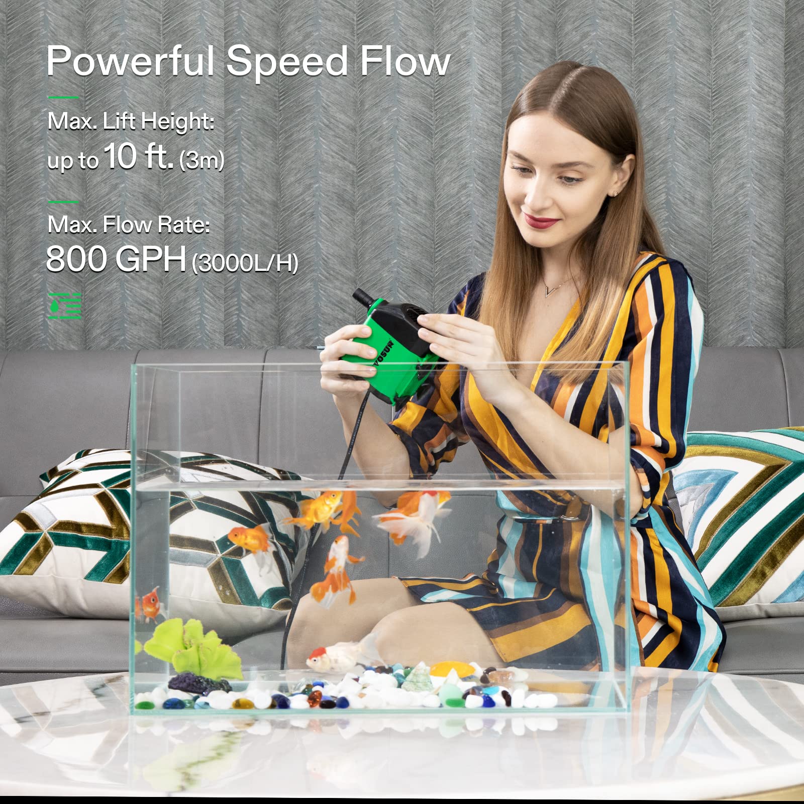 Vivosun 800Gph Submersible Pump(3000L/H, 24W), Ultra Quiet Water Fountain Pump With 10Ft. High Lift With 6.5Ft. Power Cord, 3 Nozzles For Fish Tank, Pond, Aquarium, Statuary, Hydroponics Green