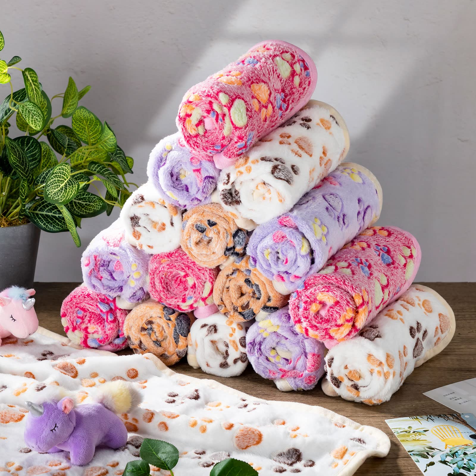 Chumia 40 Pcs Blankets Soft Fluffy Fleece Washable Pet Dog Sleep Mat Paw Print Pattern Fleece Blankets For Pets Throw Warm Bed Mat For Dog Puppy Cat(24 X 16 Inch,Pink, White, Brown, Purple)