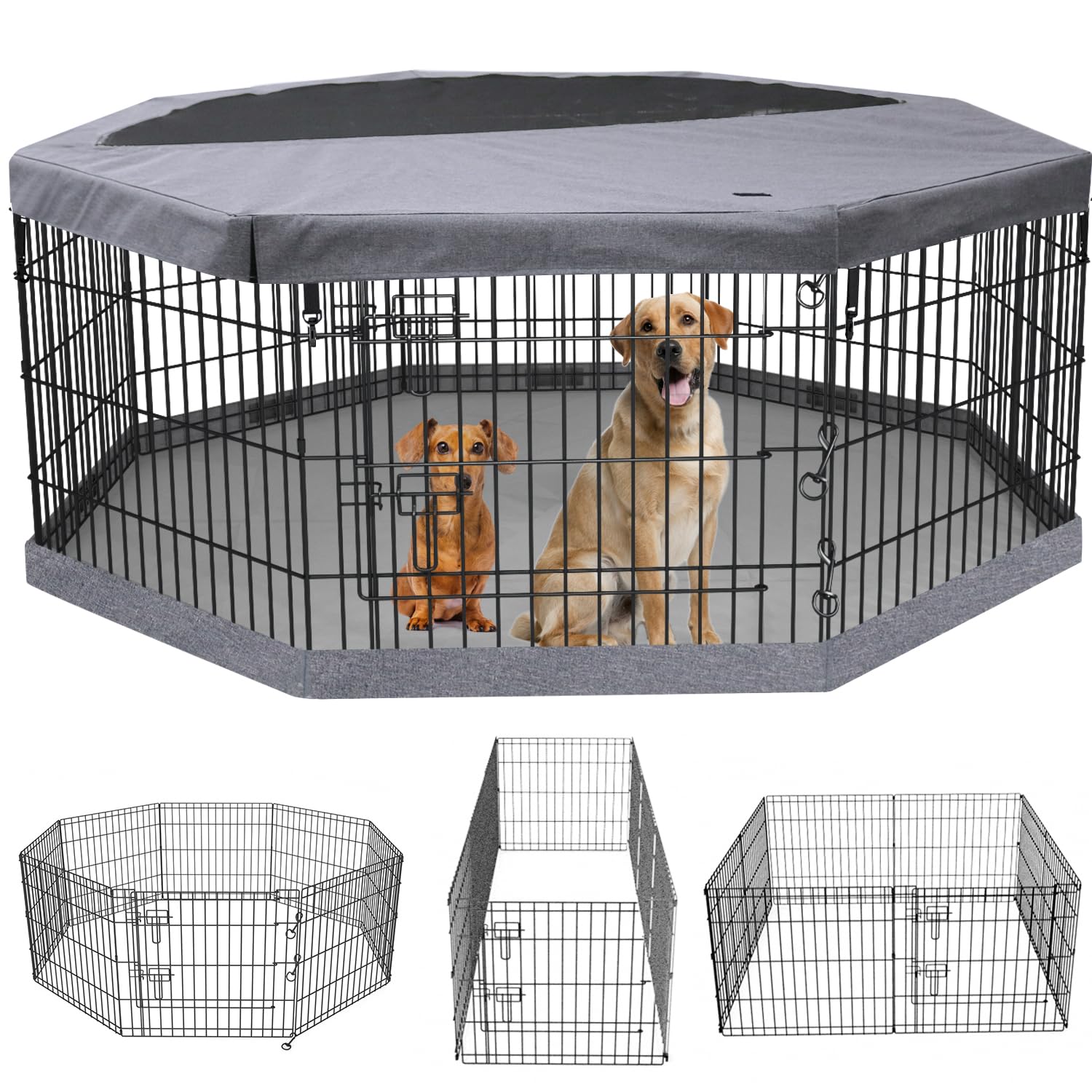 Petime Foldable Metal Dog Exercise Pen/Pet Puppy Playpen Kennels Yard Fence Indoor/Outdoor 8 Panel 24' W With Top Cover And Bot