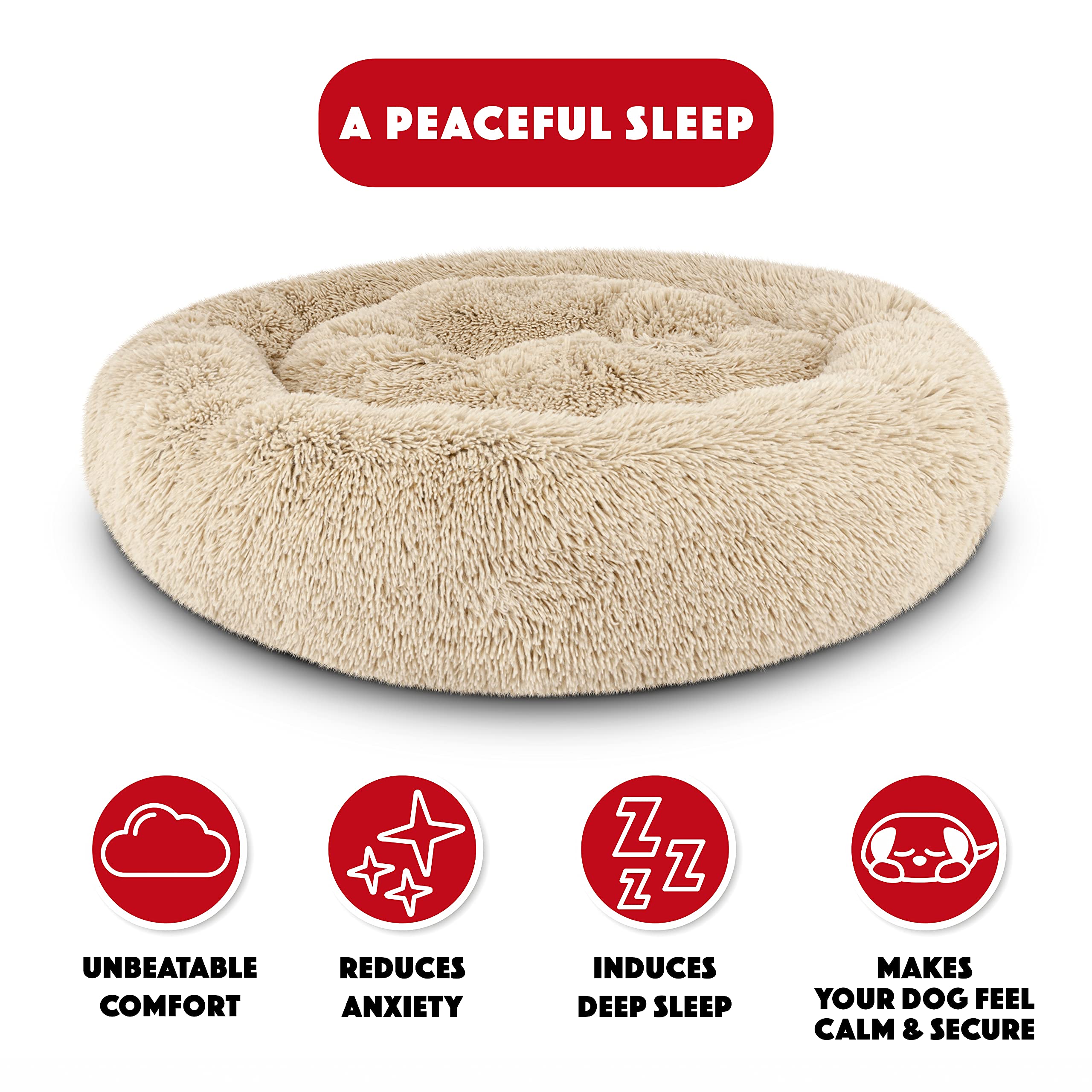 The Dogs Bed Sound Sleep Donut Dog Bed, Large Dog Beige Fur Calming Nest Bed, Veterinary Approved