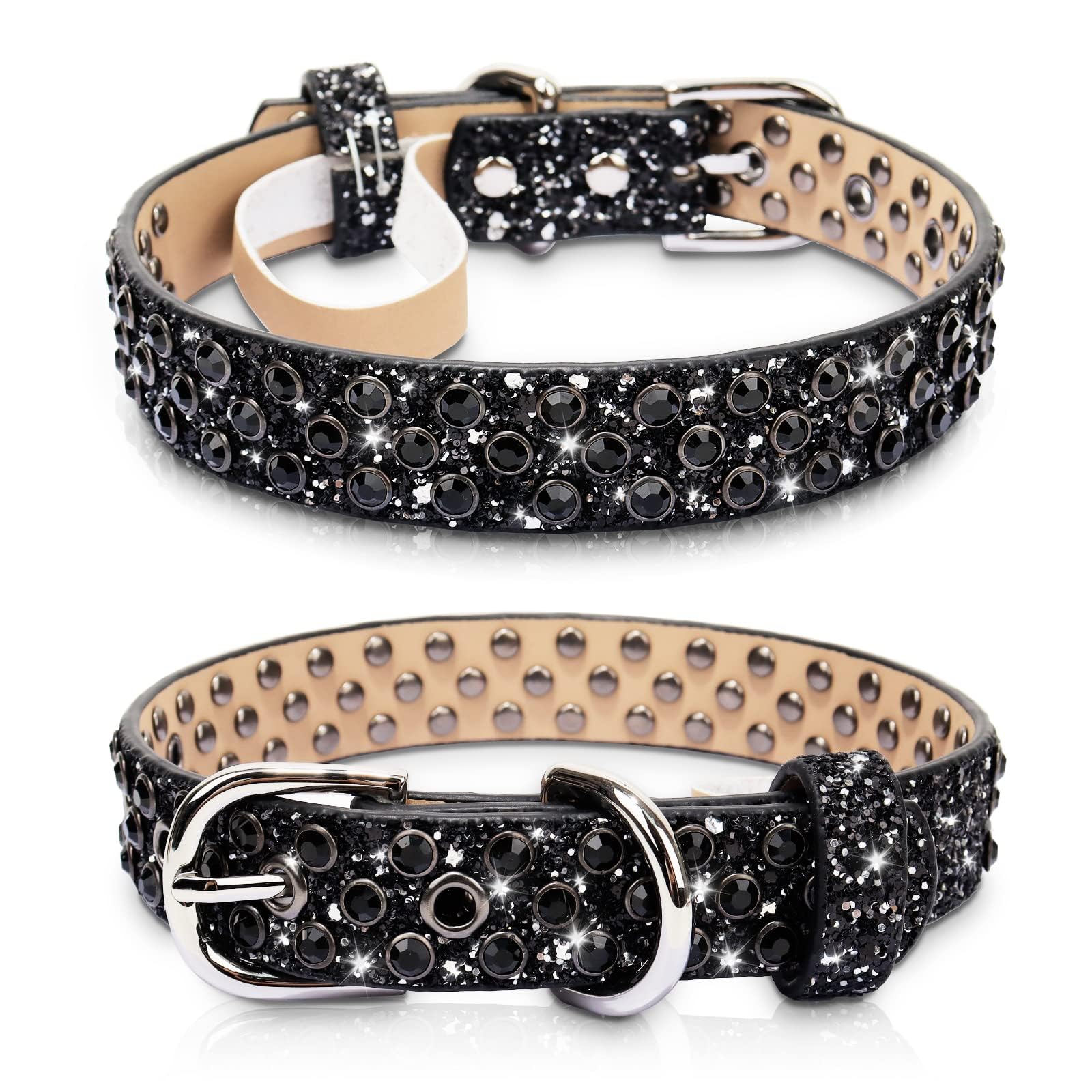 Octbersieg Rhinestone Leather Collar - Black Bling For Small To Large Dogs - Sparkly Diamond Glitter