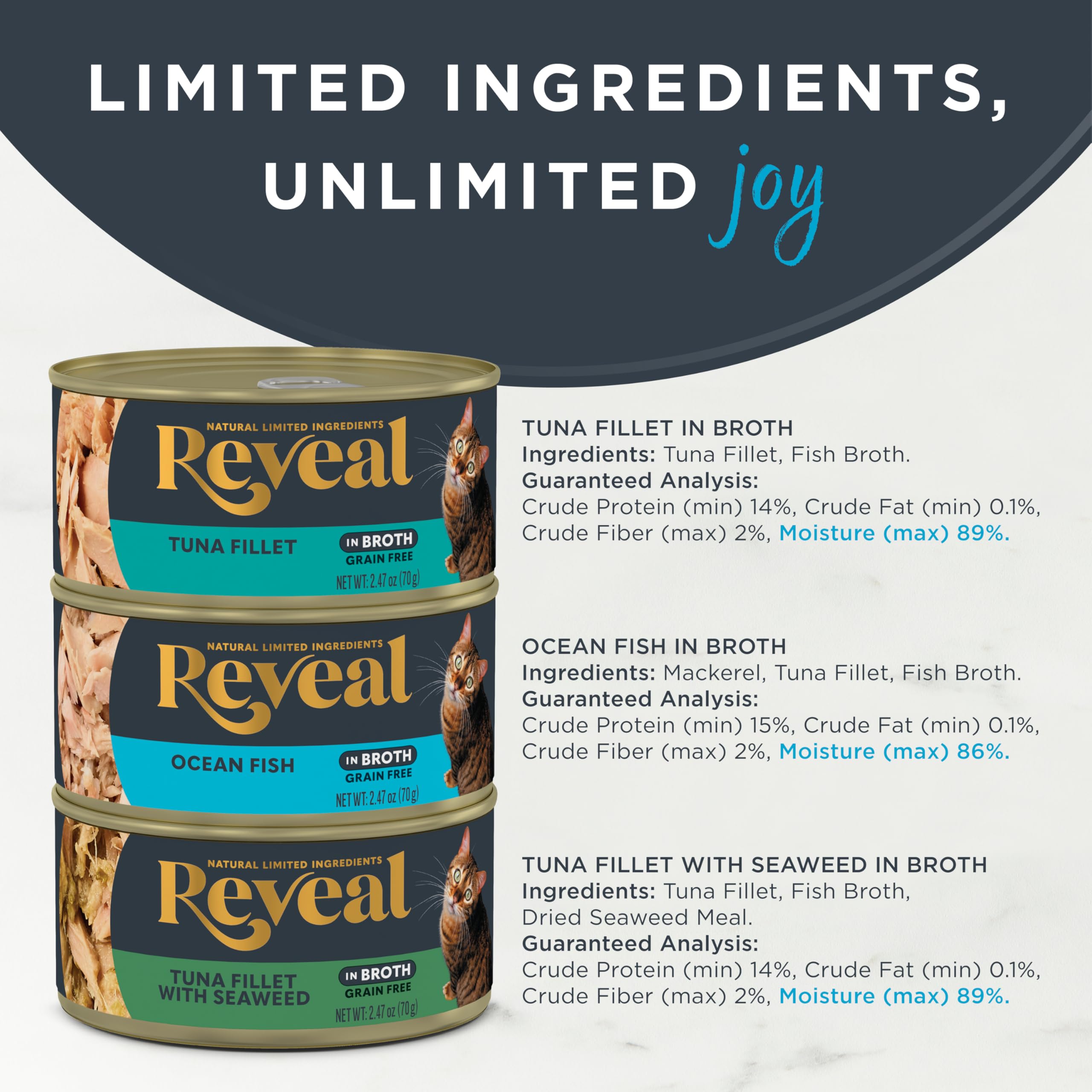 Reveal Natural Wet Cat Food, 12 Count, Grain Free, Limited Ingredient Canned Food for Cats, Fish Variety in Broth, 2.47 oz Cans
