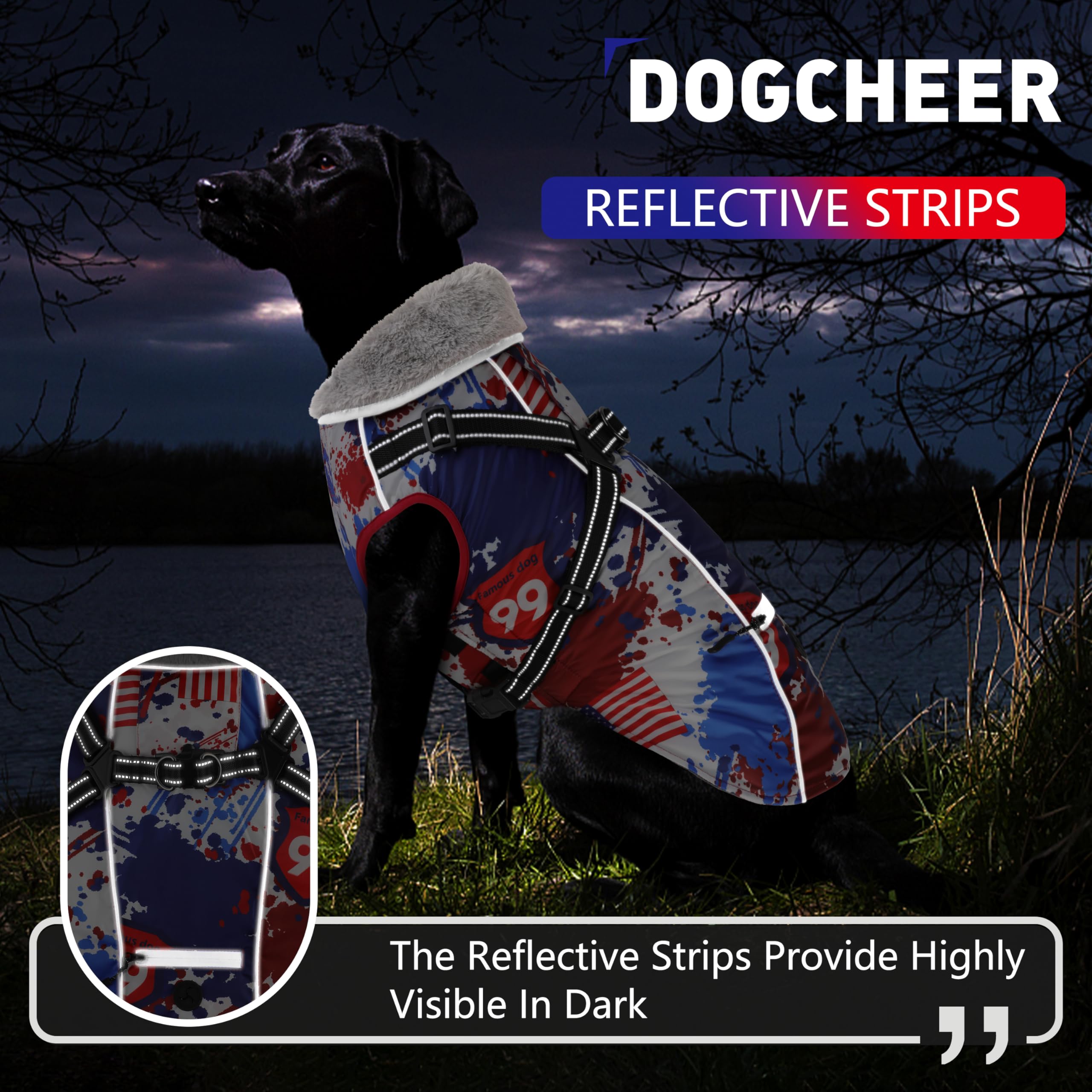 Dogcheer Dog Coat With Harness, American Flag Dog Jacket Waterproof Puppy Winter Coat With Pocket, Reflective Adjustable Pet Tur