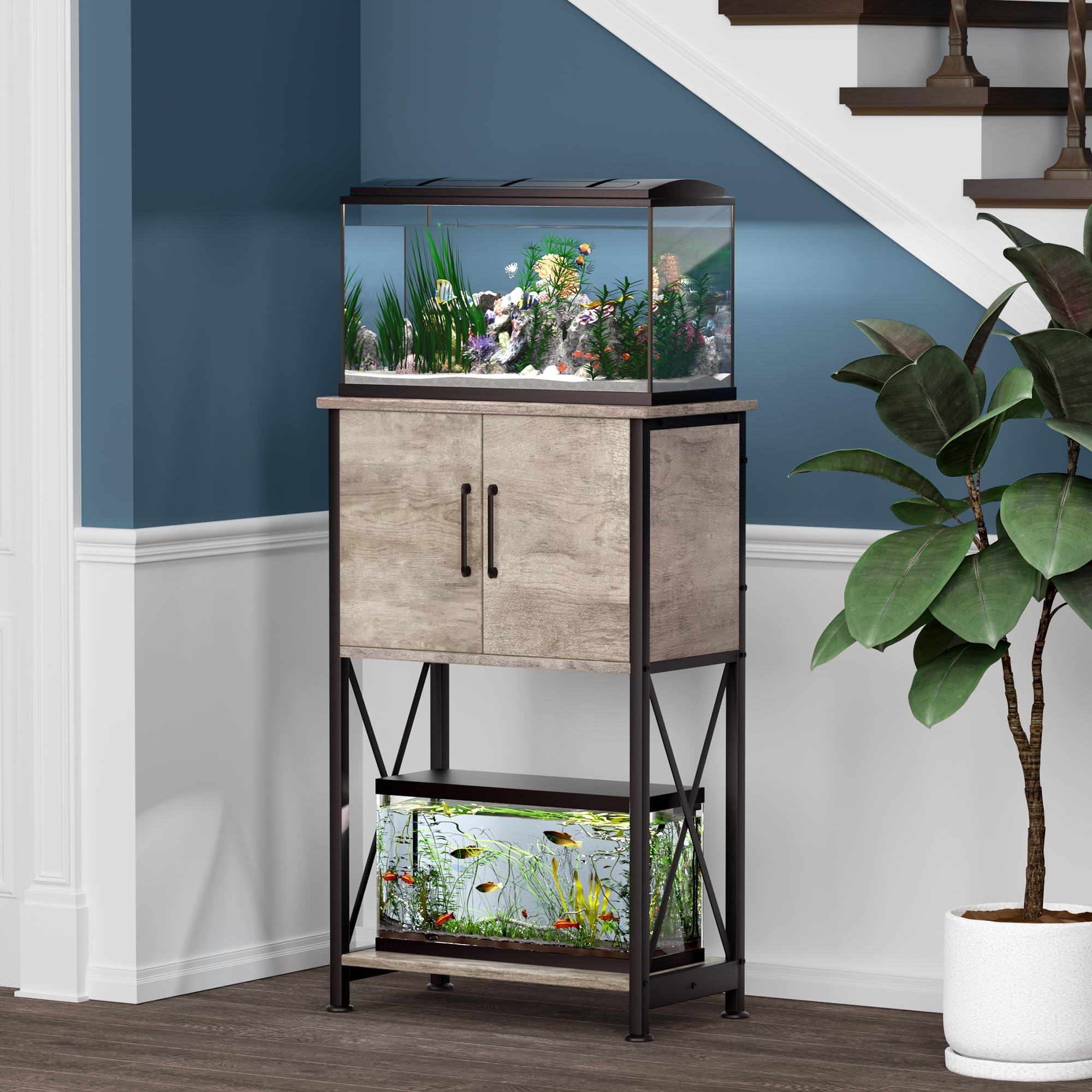 Herture Metal Aquarium Stand for 5-10 Gallon Tanks, Grey, PG06YGZ, 500LBS Capacity with Storage Cabinet