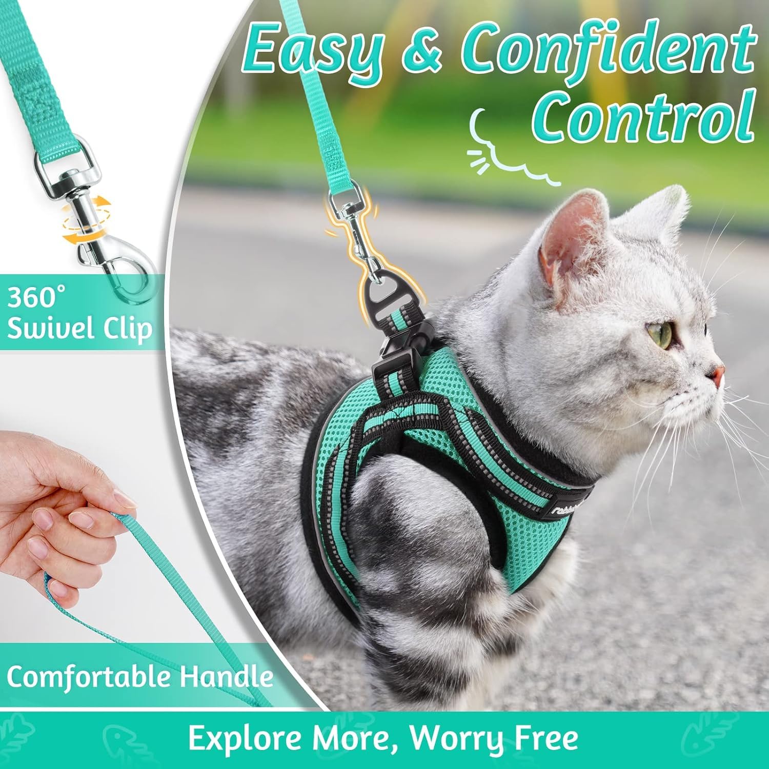 Rabbitgoo Cat Harness And Leash Set For Walking Escape Proof, Adjustable Soft Kittens Vest With Reflective Strip For Cats, Comfortable Outdoor Vest, Green, Xl