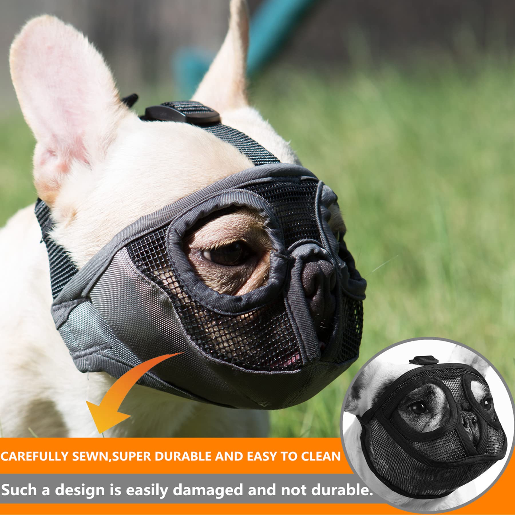 Jyhy Short Snout Dog Muzzle- Adjustable Breathable Mesh Bulldog Muzzle For Biting Chewing Licking Grooming Dog Mask,Black S