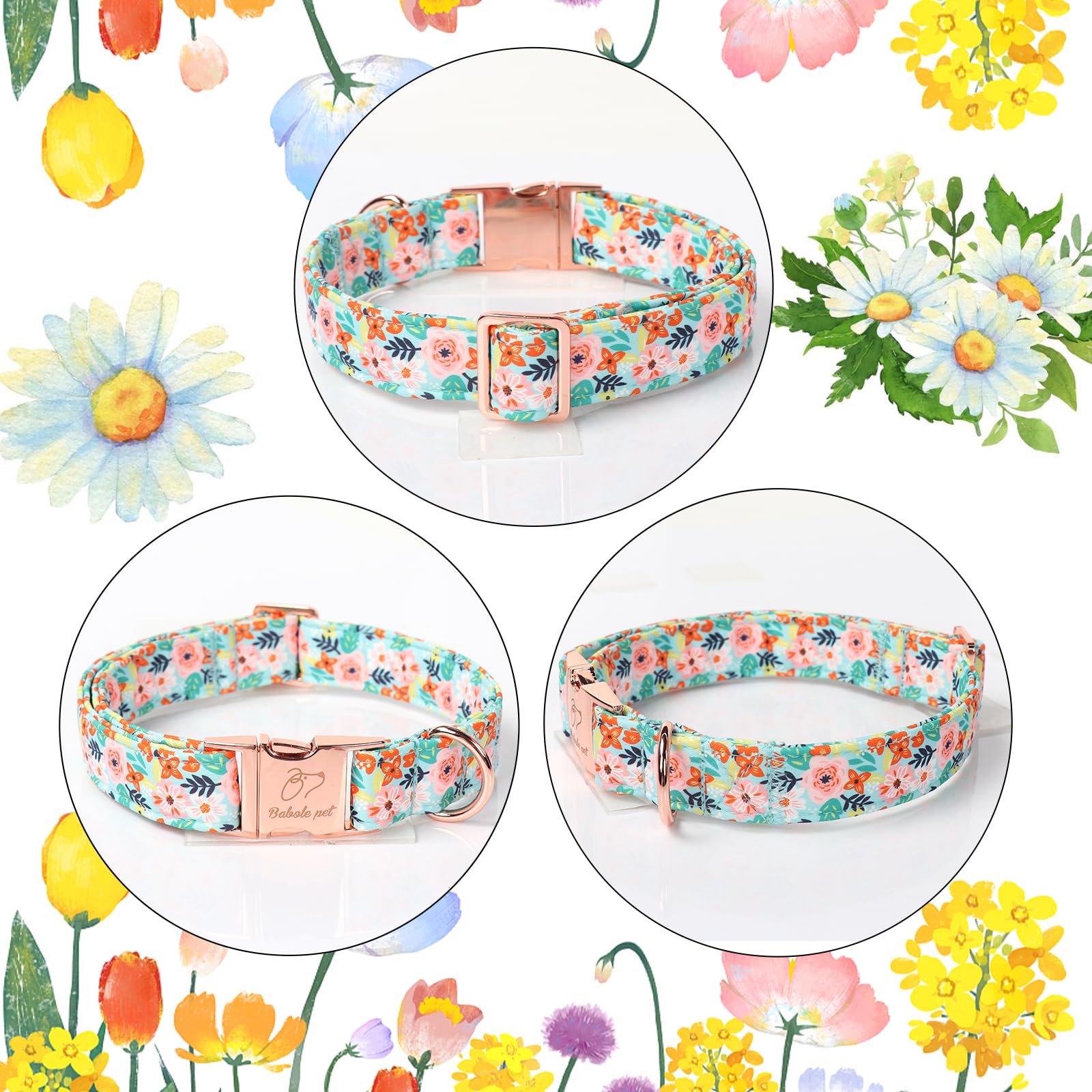 Babole Pet Floral Dog Collar - Light Blue XS Cotton Collar for Tiny Dogs with Metal Buckle