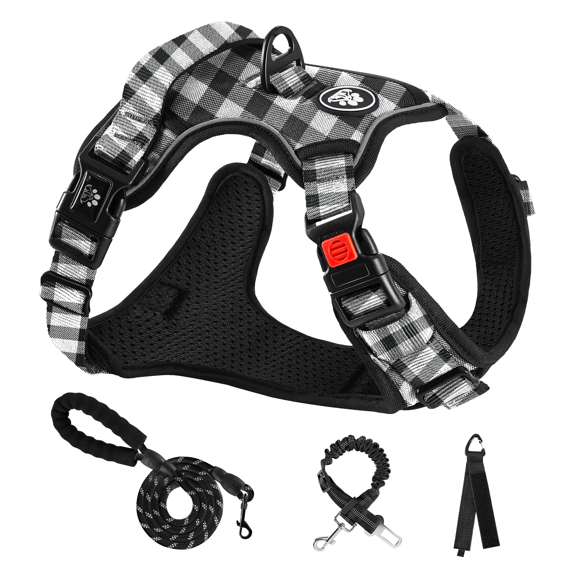 Nestroad Dog Harness (Checkered Black,S) With Leash, Reflective, Adjustable, Soft Padded, Easy Control Handle, For Small Dogs, F