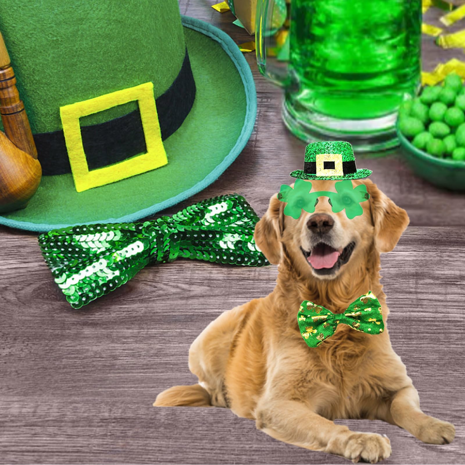 St Patrick'S Day Dog Costume 3 Pcs Irish Leprechaun Green Tall Hat Pet Shamrock Sunglasses Bow Tie Kit For Large Dogs Saint Patr