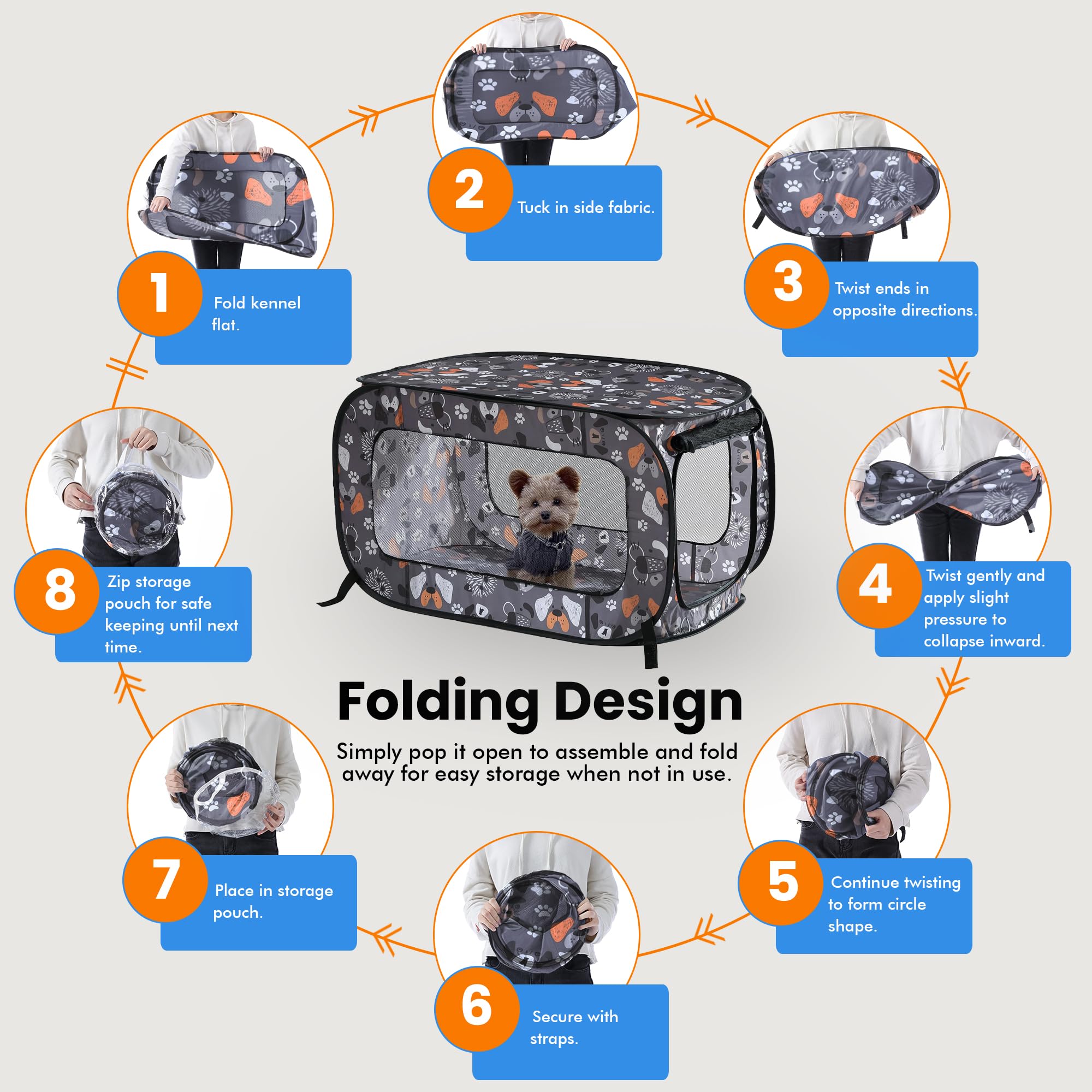 Beatrice Home Fashions Portable, Collapsible, Pop Up Kennel Travel Cat And Dog Crate, 40'' L X 27'' W X 27'' H, Face Of Love