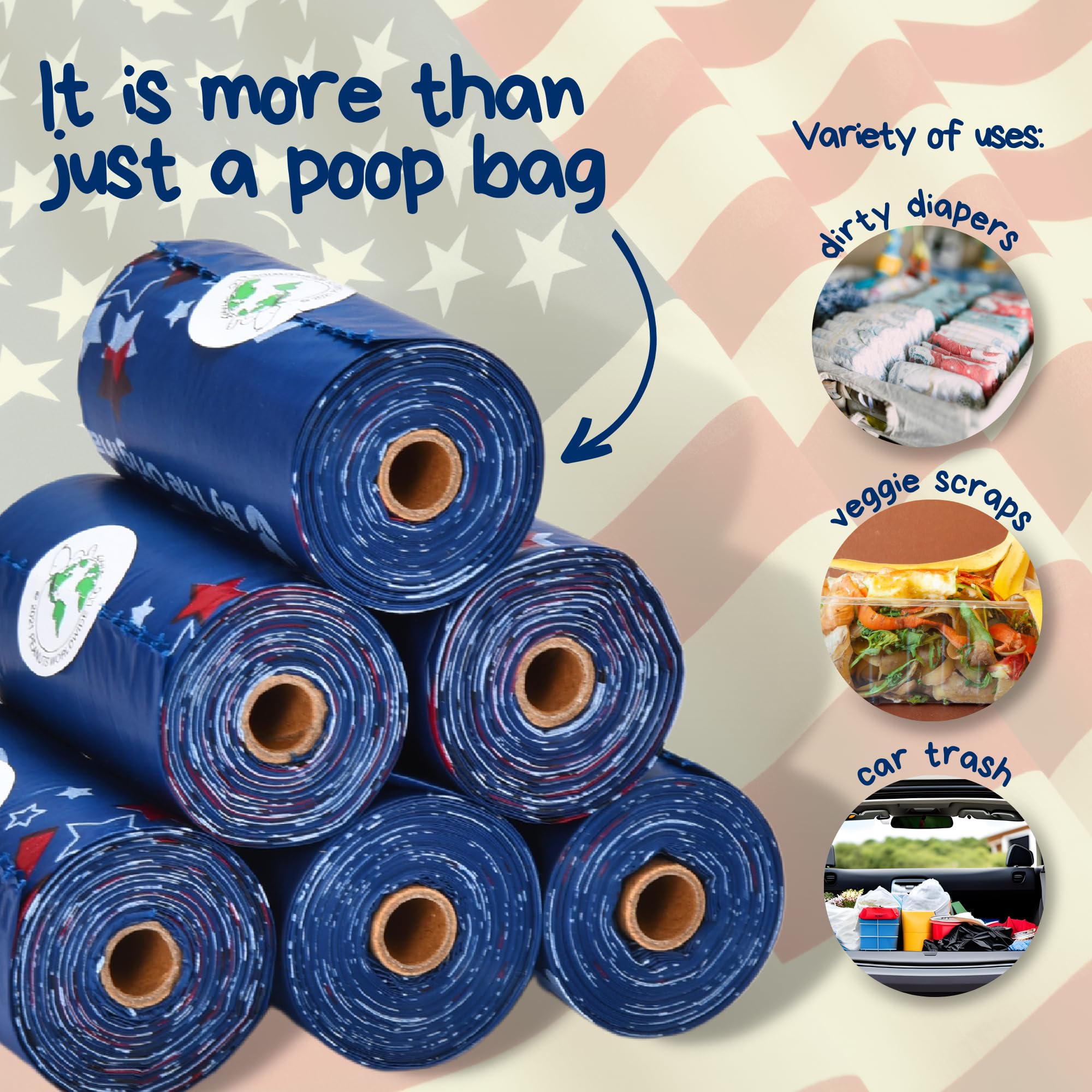 The Original Poop Bags Usda Certified 38% Plant-Based Dog Poop Bags, Peanuts Snoopy Americana Design, Leak-Proof & Strong, Unsce