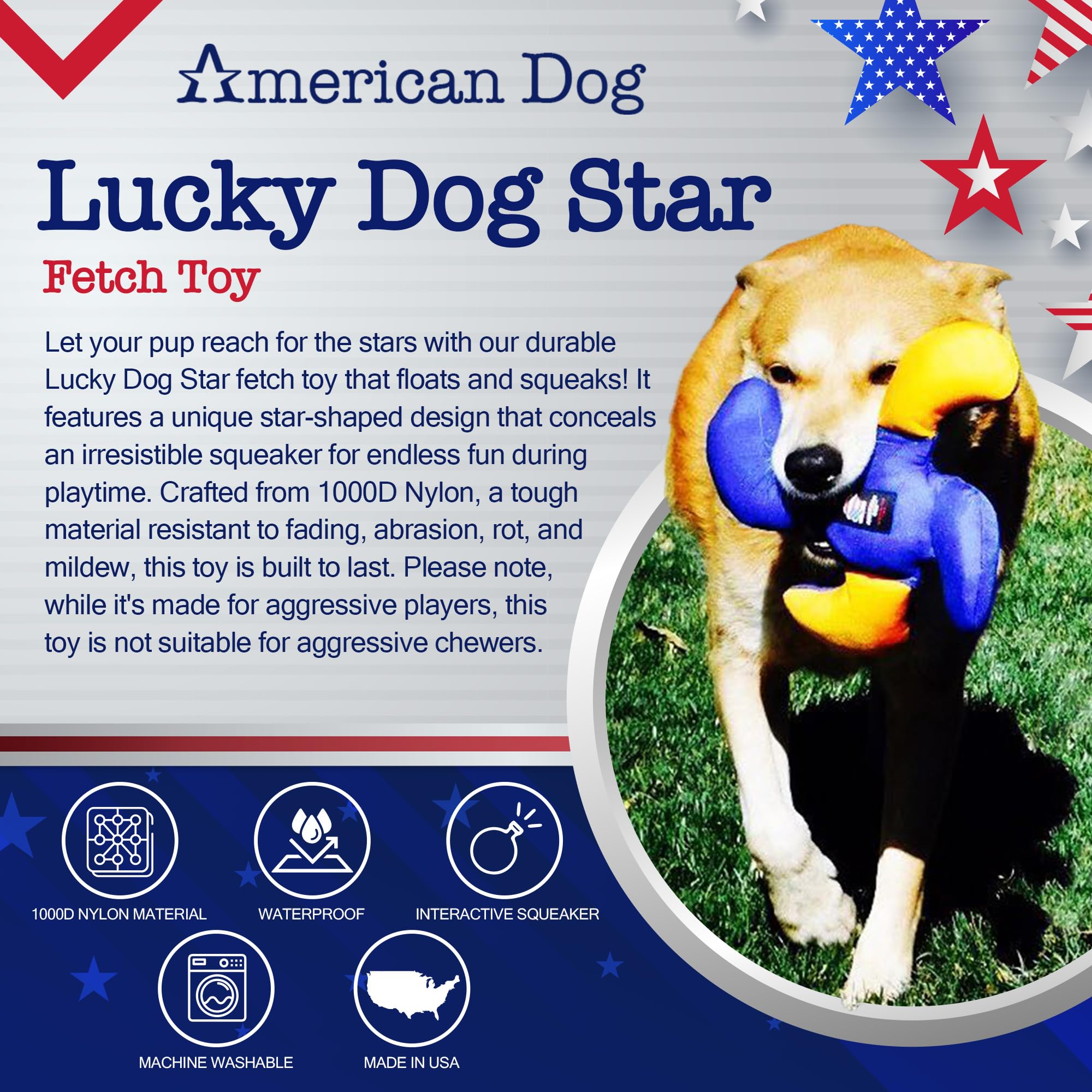 American Dog Lucky Dog Star - Durable Fetch Dog Toy Made In Usa From Pet-Safe, Machine-Washable 1000D Nylon Material With Squeak